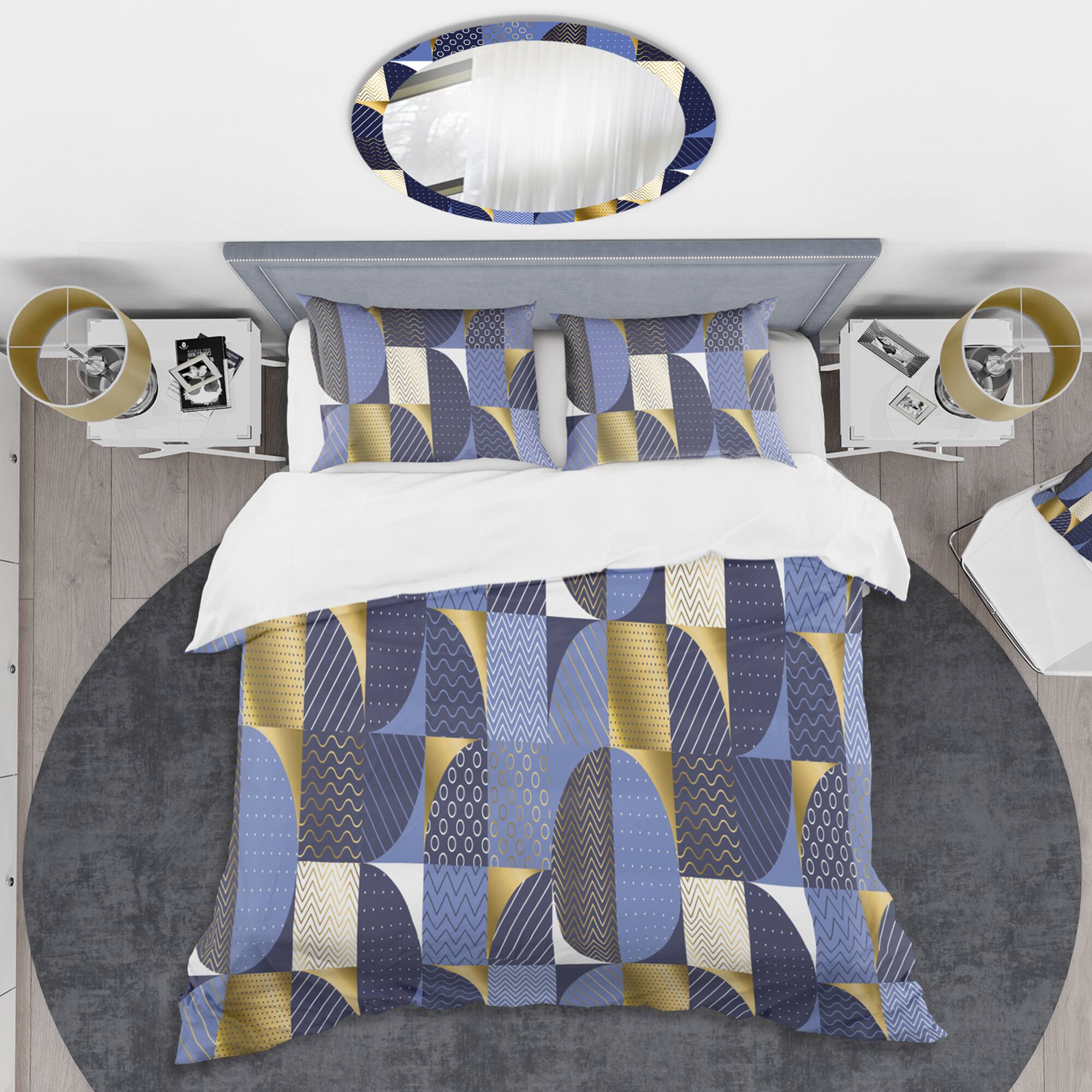 Designart 'Retro Luxury Waves In Gold And Blue IV' Mid-Century Duvet Cover Set