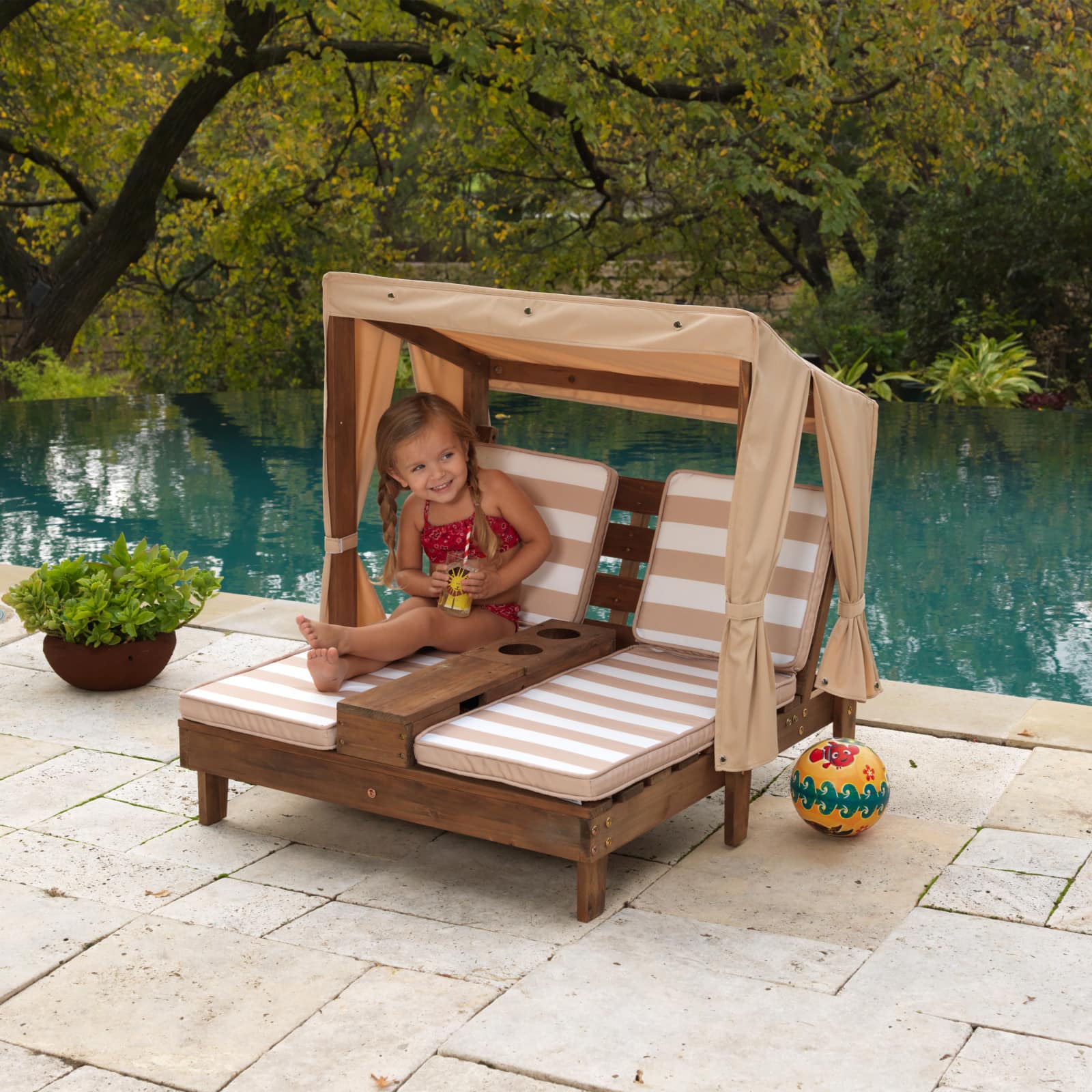 KidKraft Double Chaise Lounge with Cup Holders, Espresso & Oatmeal