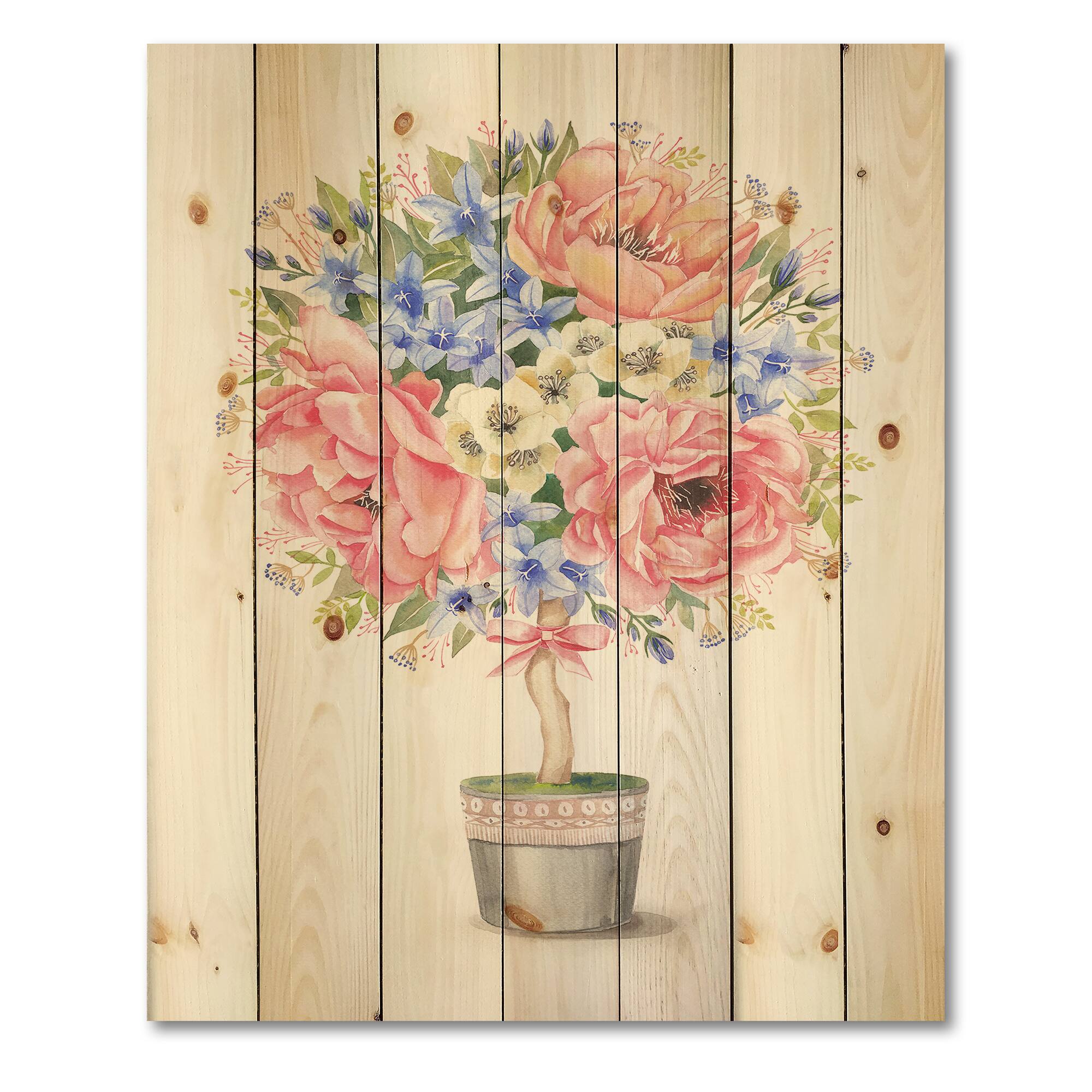 Designart - Flower Tree In A Pot With A Bow - Farmhouse Print on Natural Pine Wood