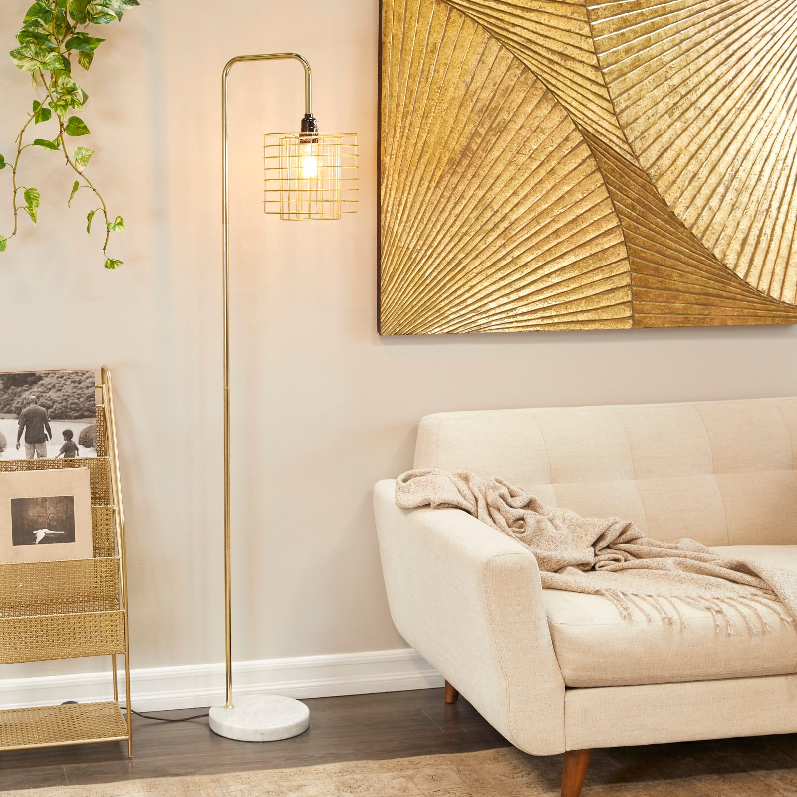 Gold Metal Industrial Floor Lamp, 15" x 10" x 64"
