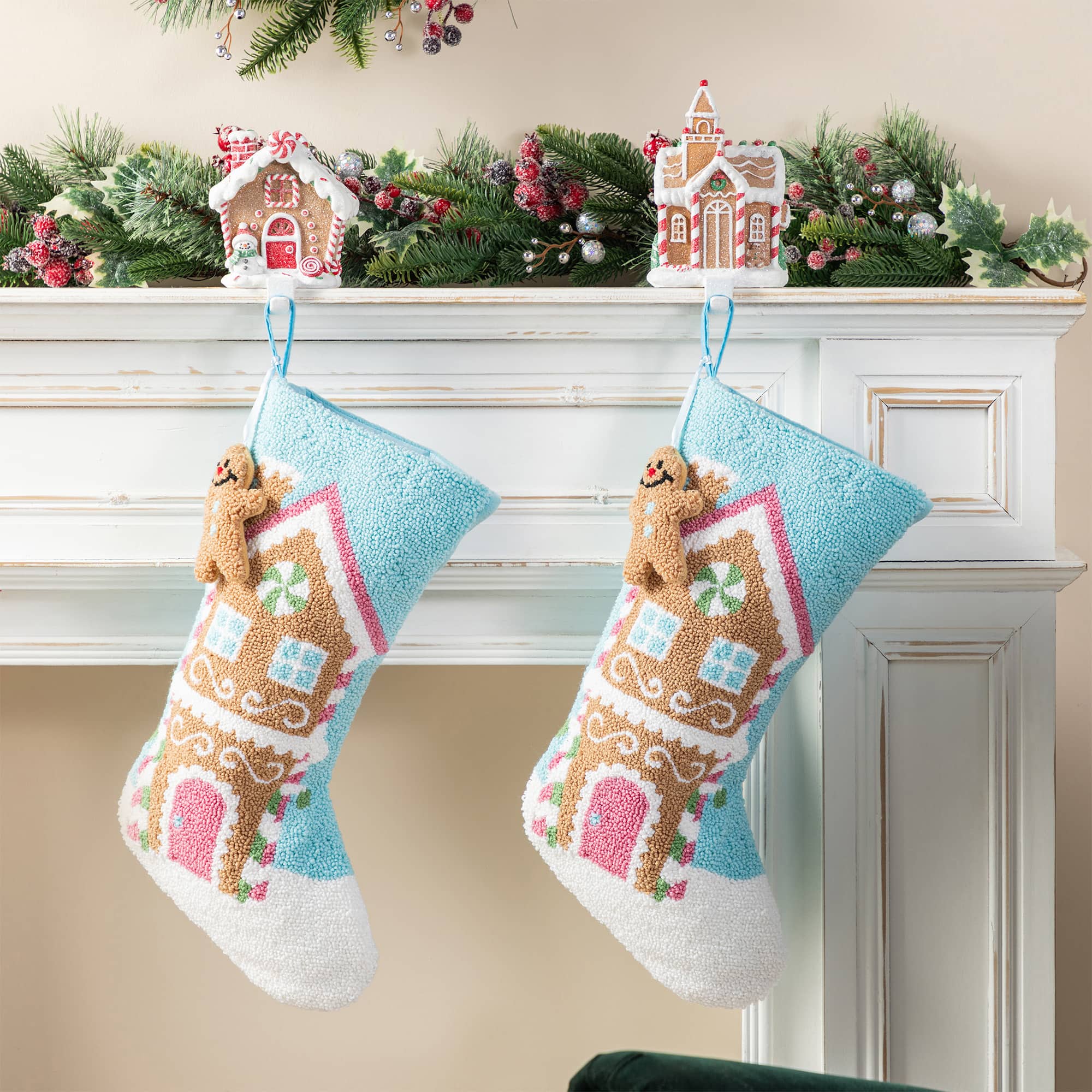 Glitzhome® 21"L Hooked Gingerbread House Stocking with Gingerbread Man Ornament