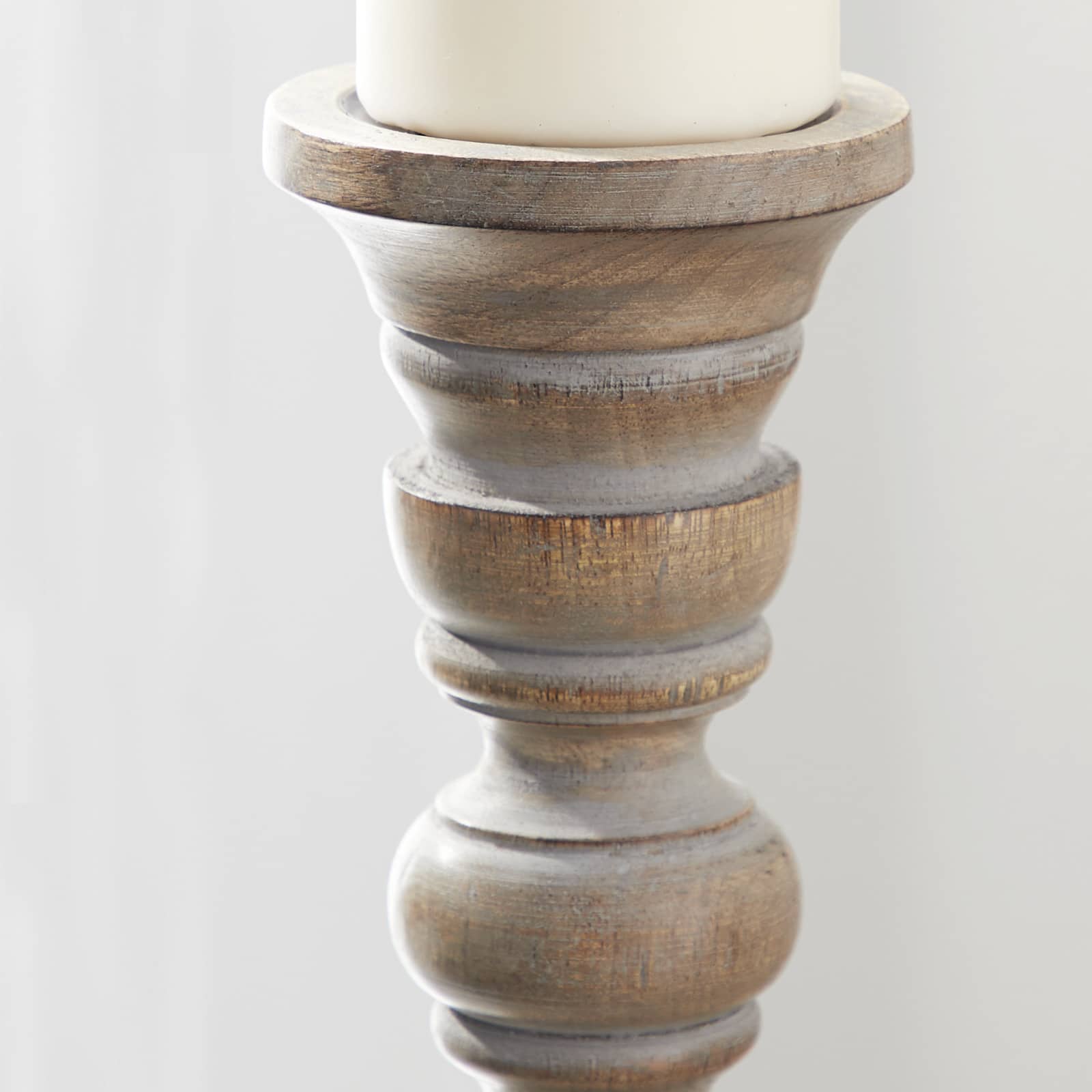 Light Gray Mango Wood Traditional Candle Holder Set