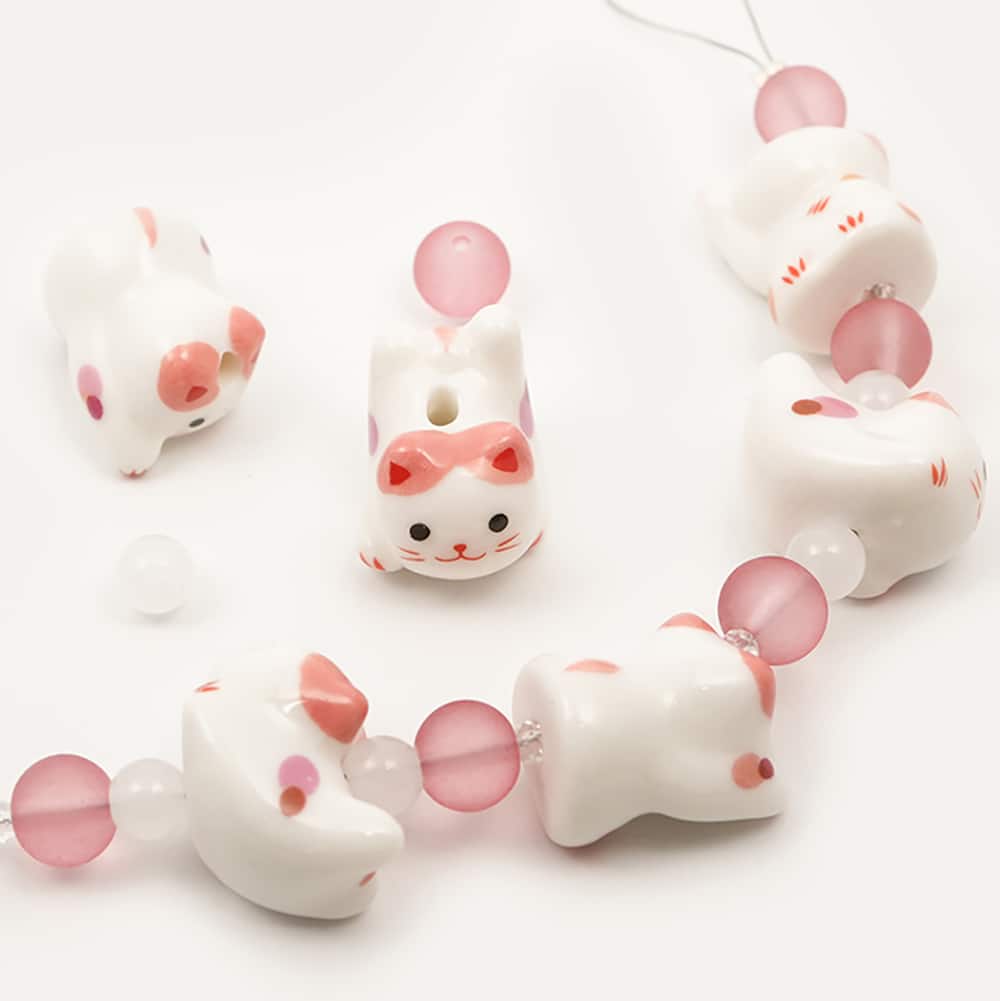 Jesse James Beads 15mm Pink & White Ceramic Cat Beads