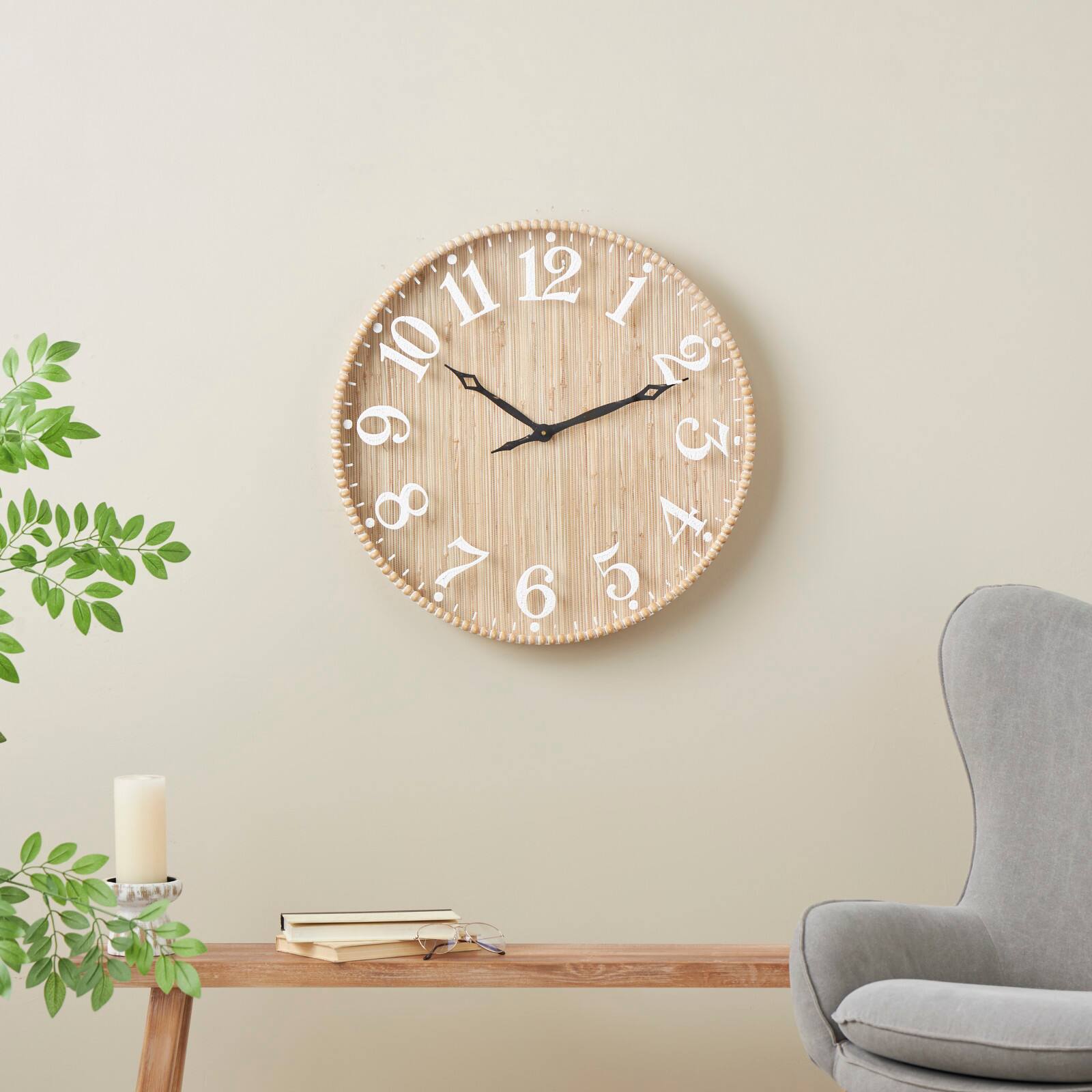 24" x 24" Light Brown Distressed Decorative Wall Clock with Beaded Frame