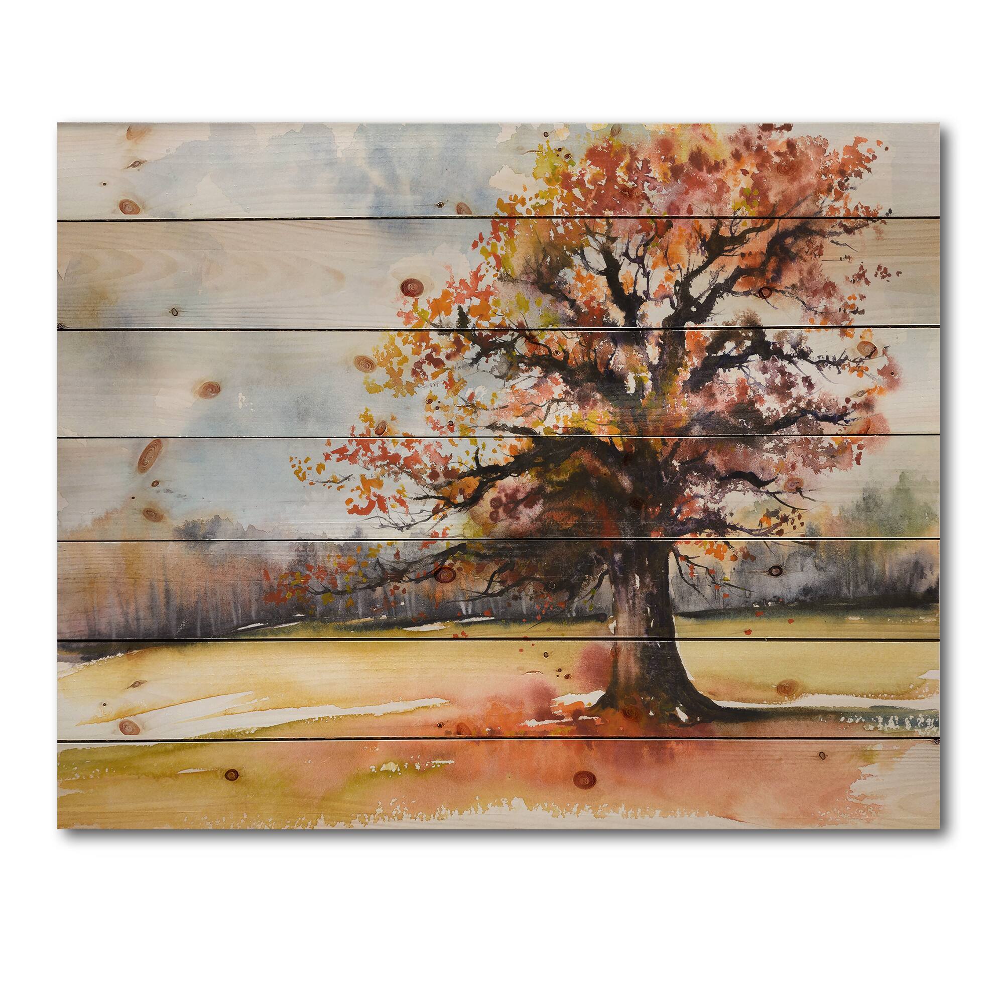 Designart - Lone Oak In The Fields With Autum Leaves - Traditional Print on Natural Pine Wood