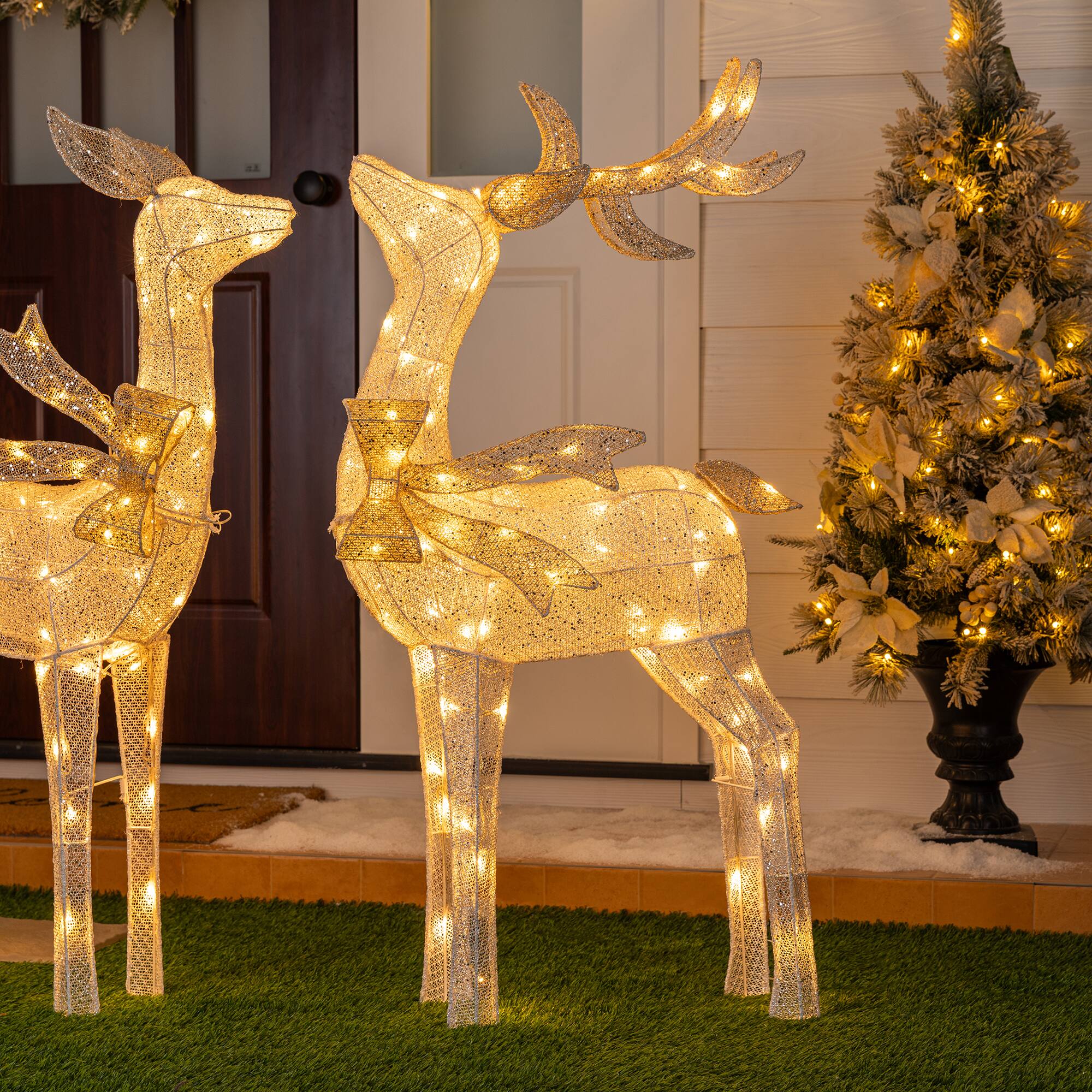 Glitzhome® 43" Christmas 3D Glittered Fabric Reindeer with 170 Warm White LED Lights Set