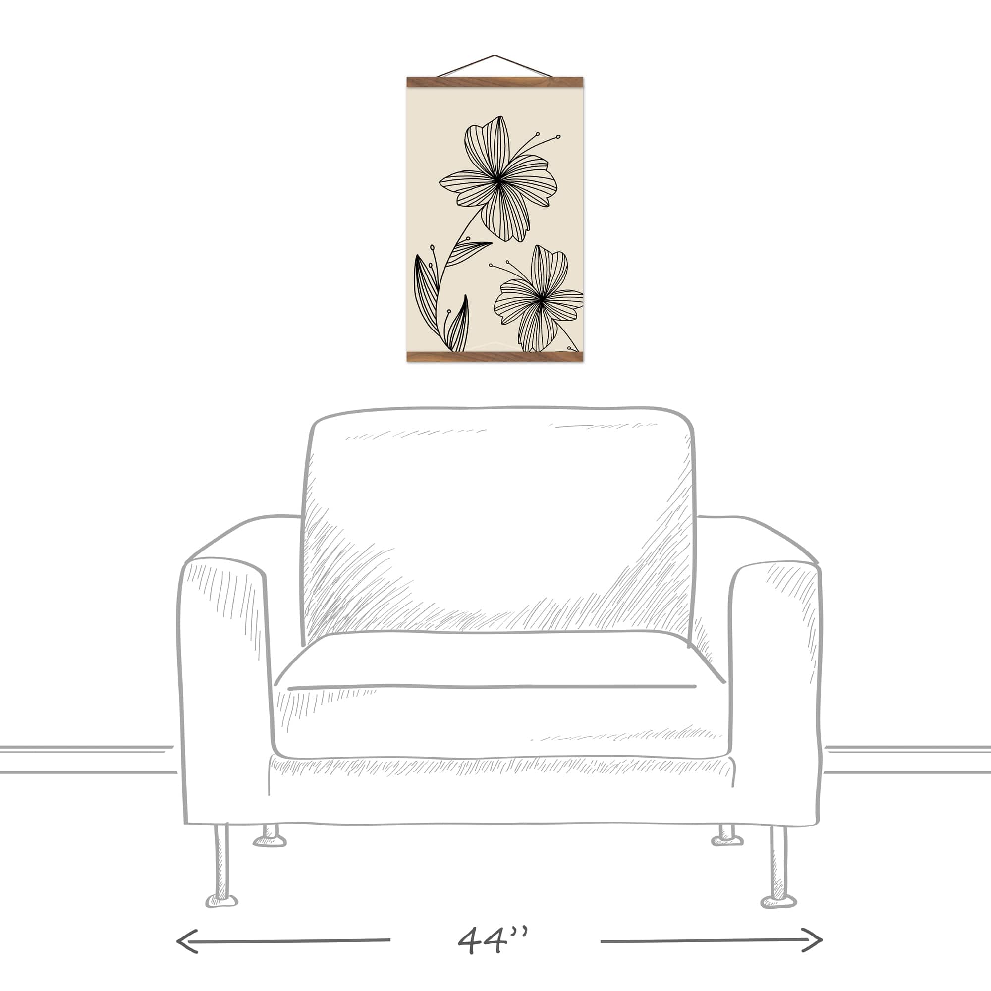 Line Flowers Teak Hanging Canvas