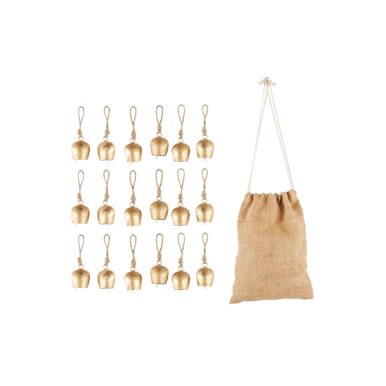 Gold Tibetan Inspired Metal Decorative Bells with Jute Rope & Canvas Tote Set