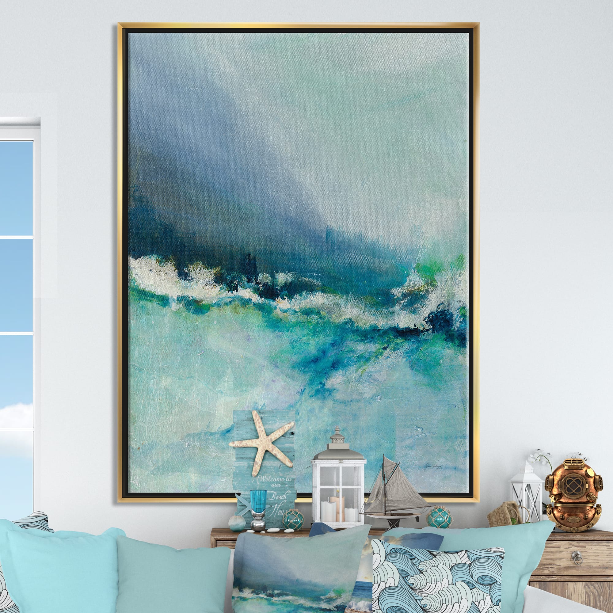 Designart - Indigo Abstract Watercolor Blue - Nautical & Coastal Canvas in Gold Frame