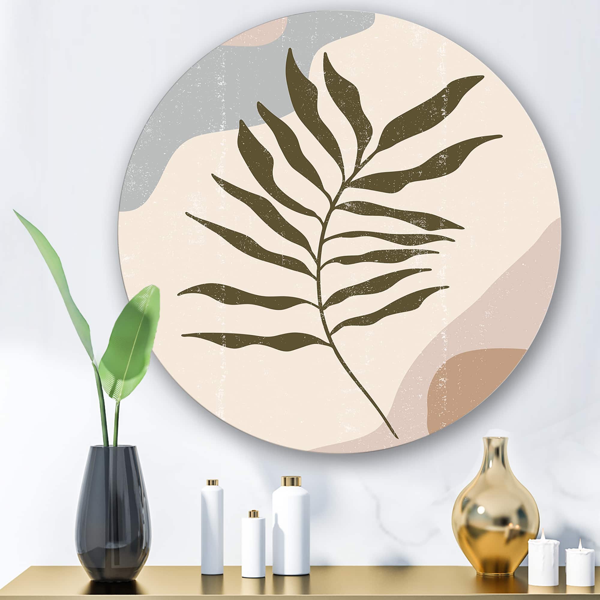 Designart - Botanical Minimalist Leaf In Earth Tones I - Modern Metal Circle Wall Art