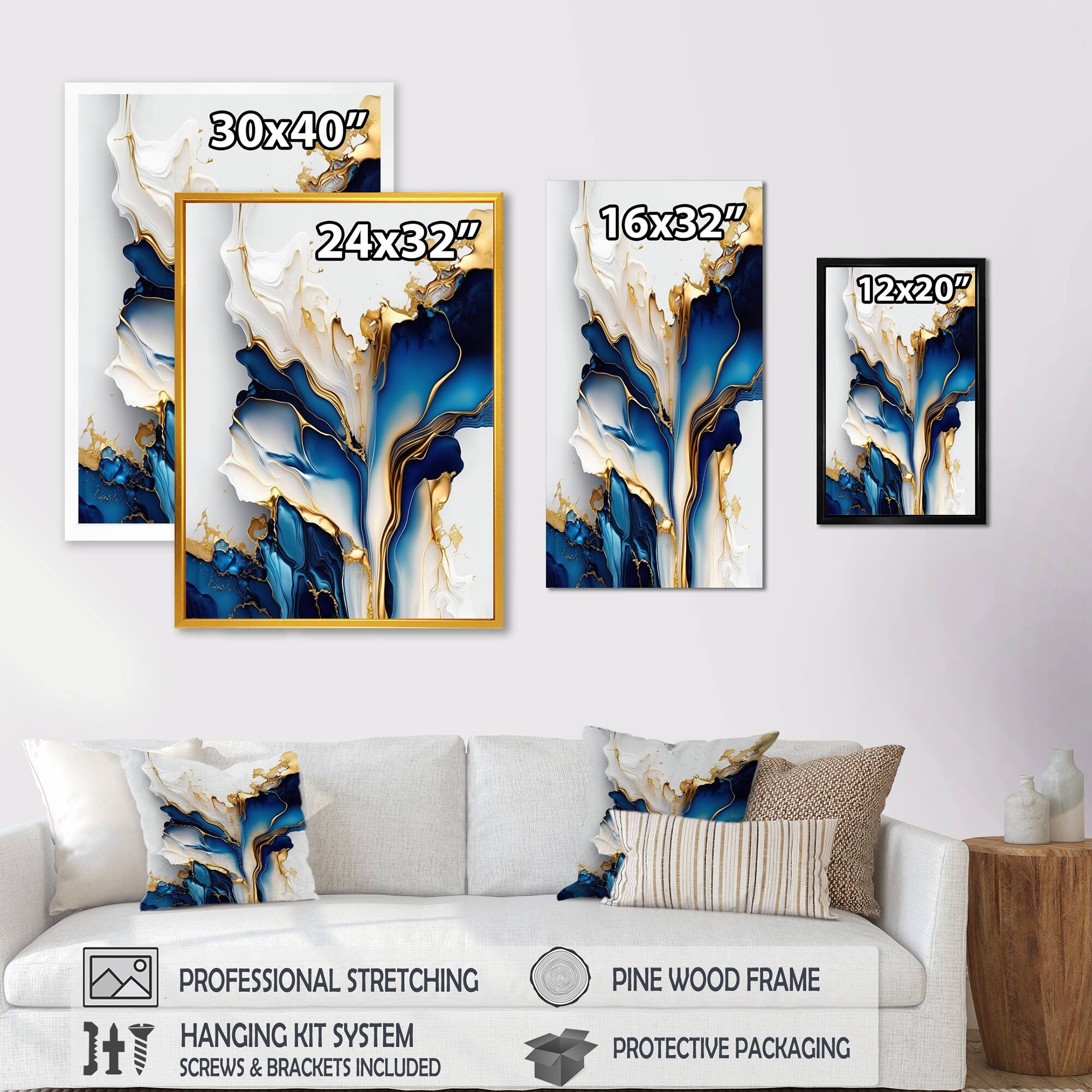 Designart 'Abstract Geode Gold And Blue Marble Shape III' Animals Framed Canvas Wall Art