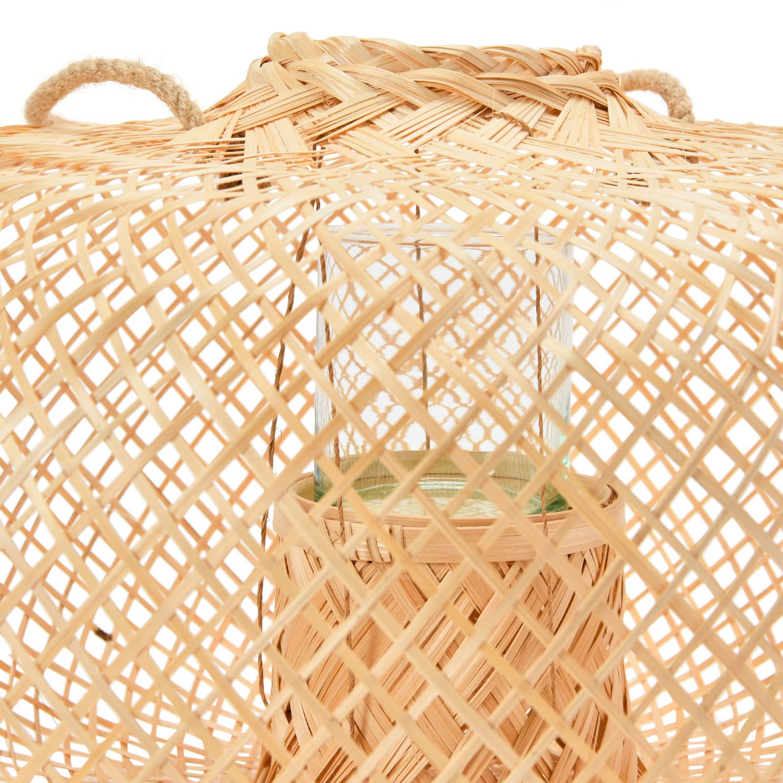 Hello Honey® 11" Natural Hand-Woven Bamboo Lantern with Jute Handle & Glass Insert