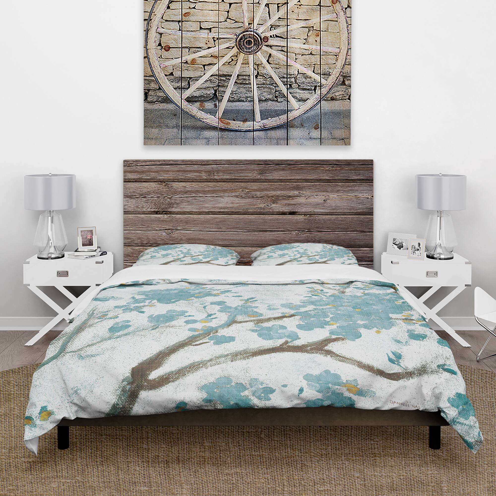 Designart 'Teal Cherry Blossoms I' Farmhouse Bedding Set - Duvet Cover & Shams