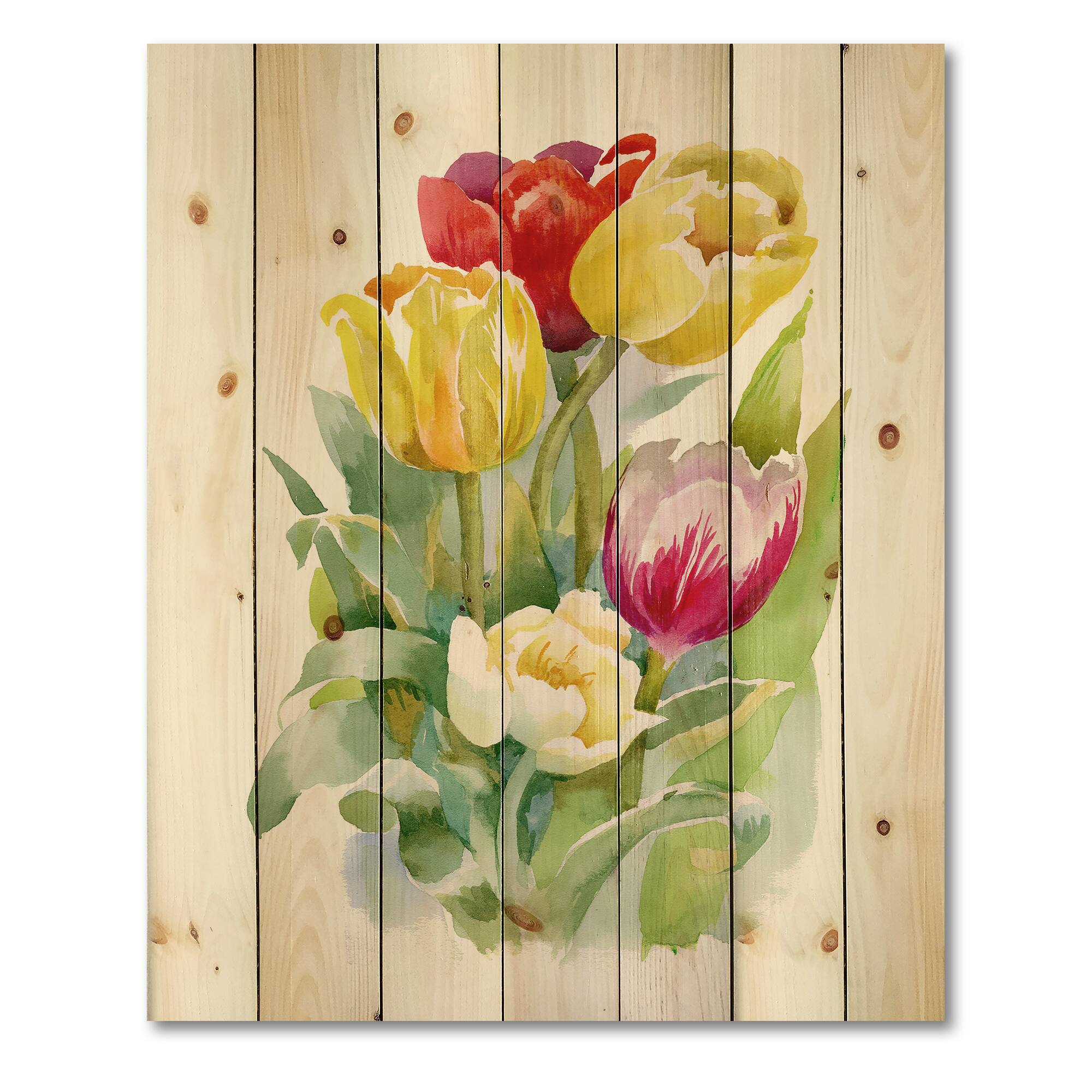 Designart - Bouquet of White and Red Tulips - Traditional Print on Natural Pine Wood