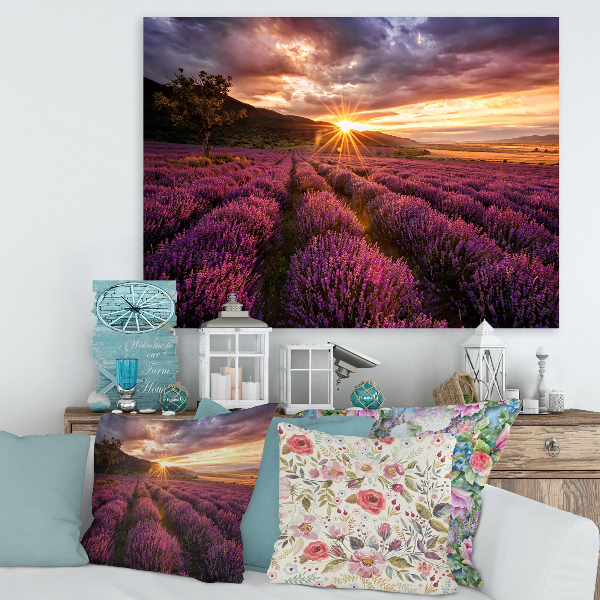 Designart - Sunrise & Dramatic Clouds Over Lavender Field IV - Farmhouse Canvas Wall Art Print