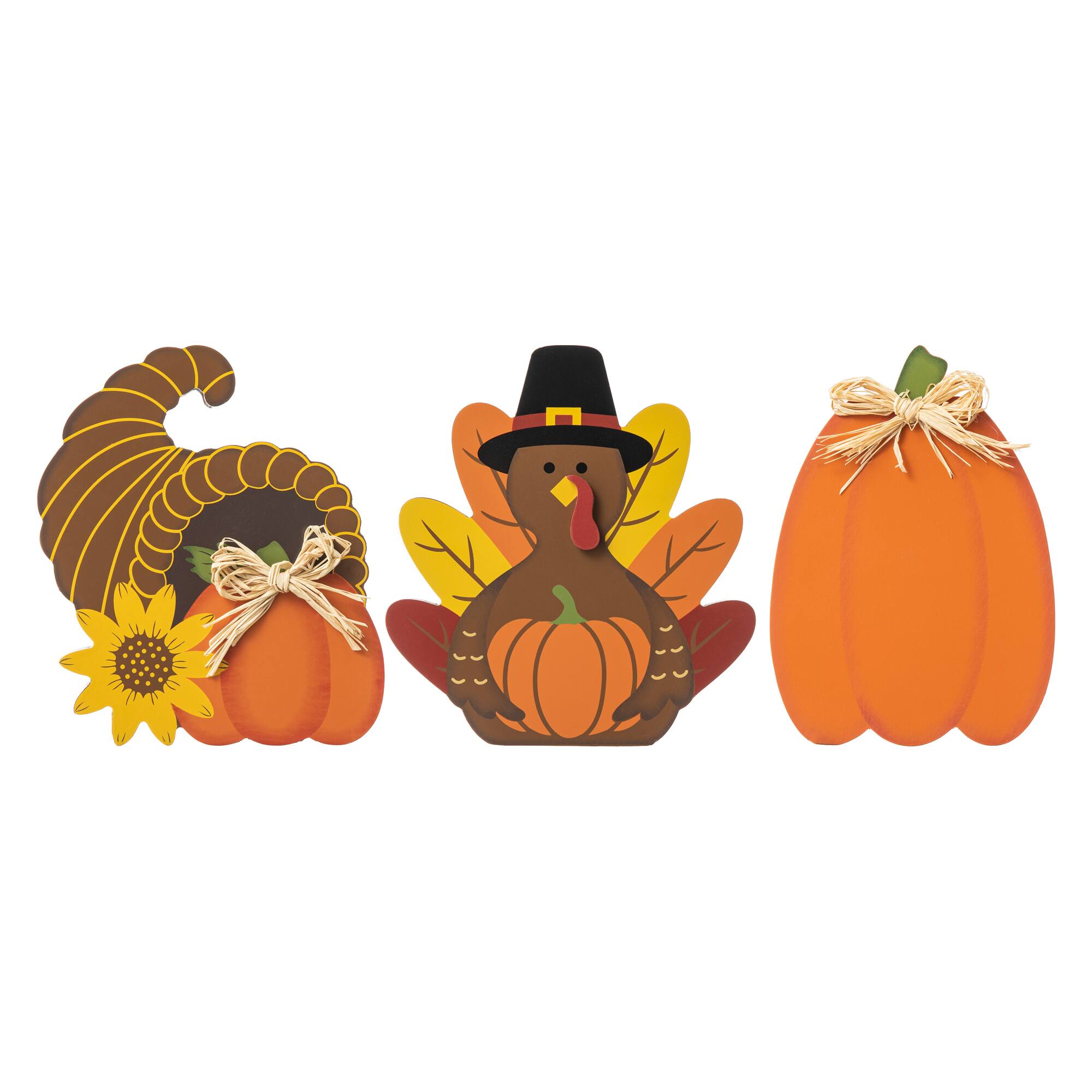 Glitzhome® 7" Thanksgiving Wooden Pumpkin, Turkey & Croissant Table Décor Set