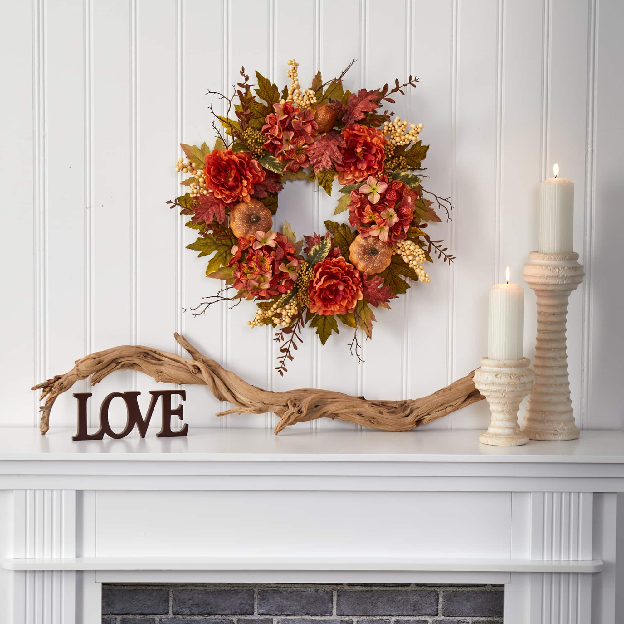 24" Peony, Hydrangea & Pumpkin Fall Wreath