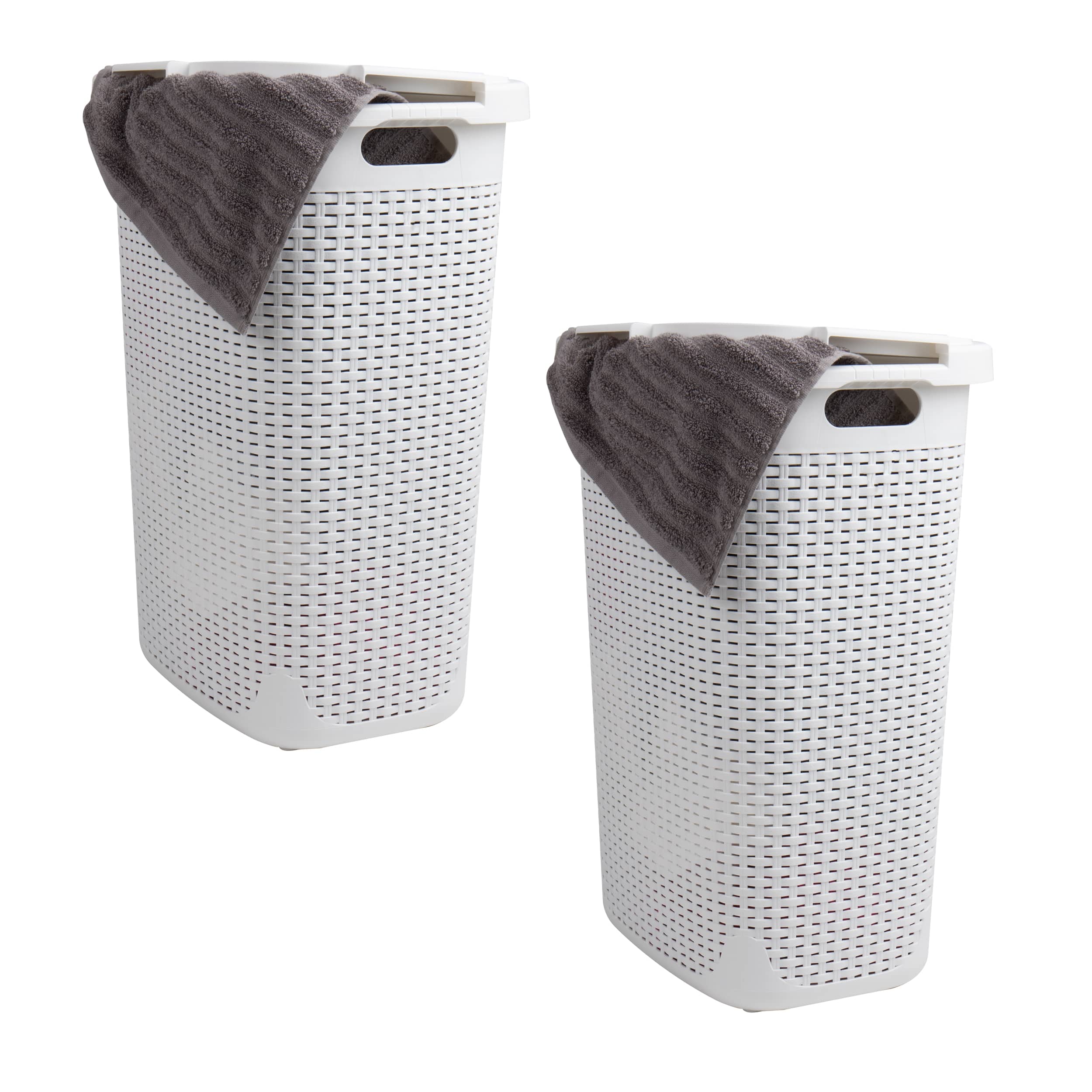 Mind Reader 60L Ventilated Slim Laundry Hamper with Cut Out Handles & Attached Hinged Lid, 2ct.