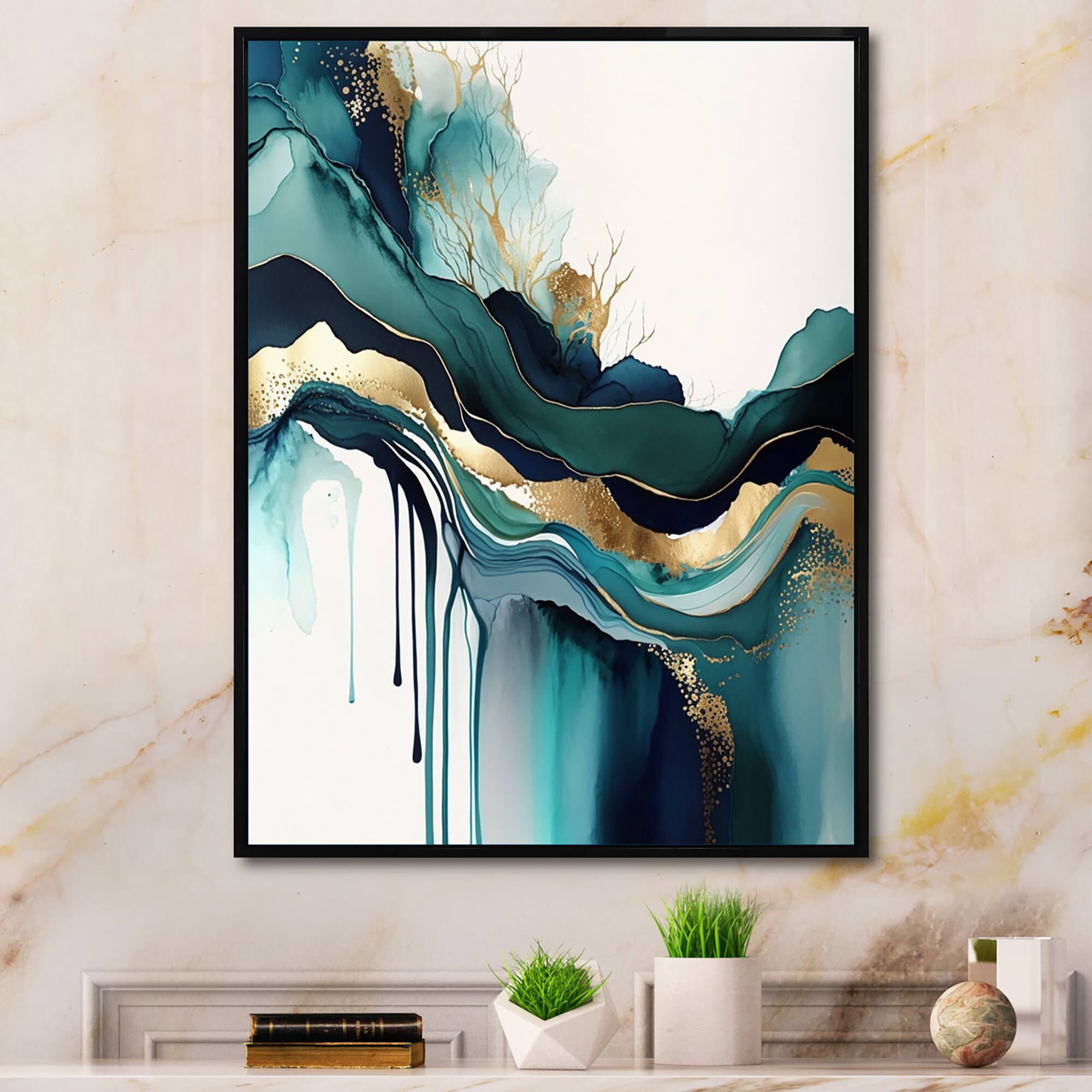Designart 'Teal And Gold Abstract Expression IV' Modern Framed Canvas Wall Art