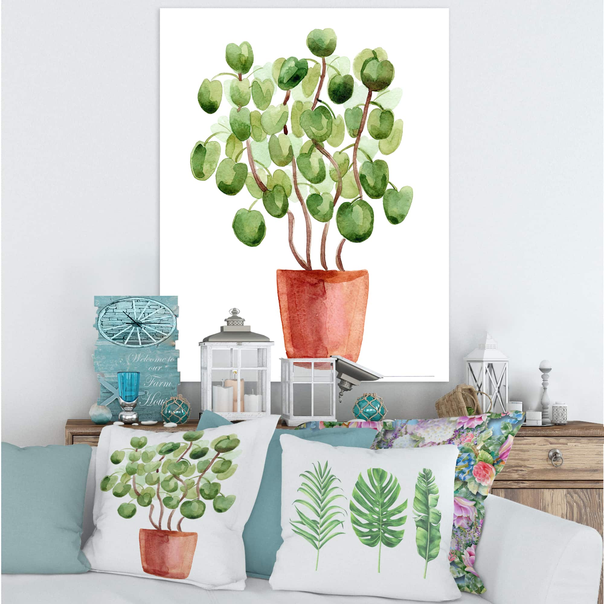 Designart - Chinese Money Plant In Pot - Traditional Canvas Wall Art Print