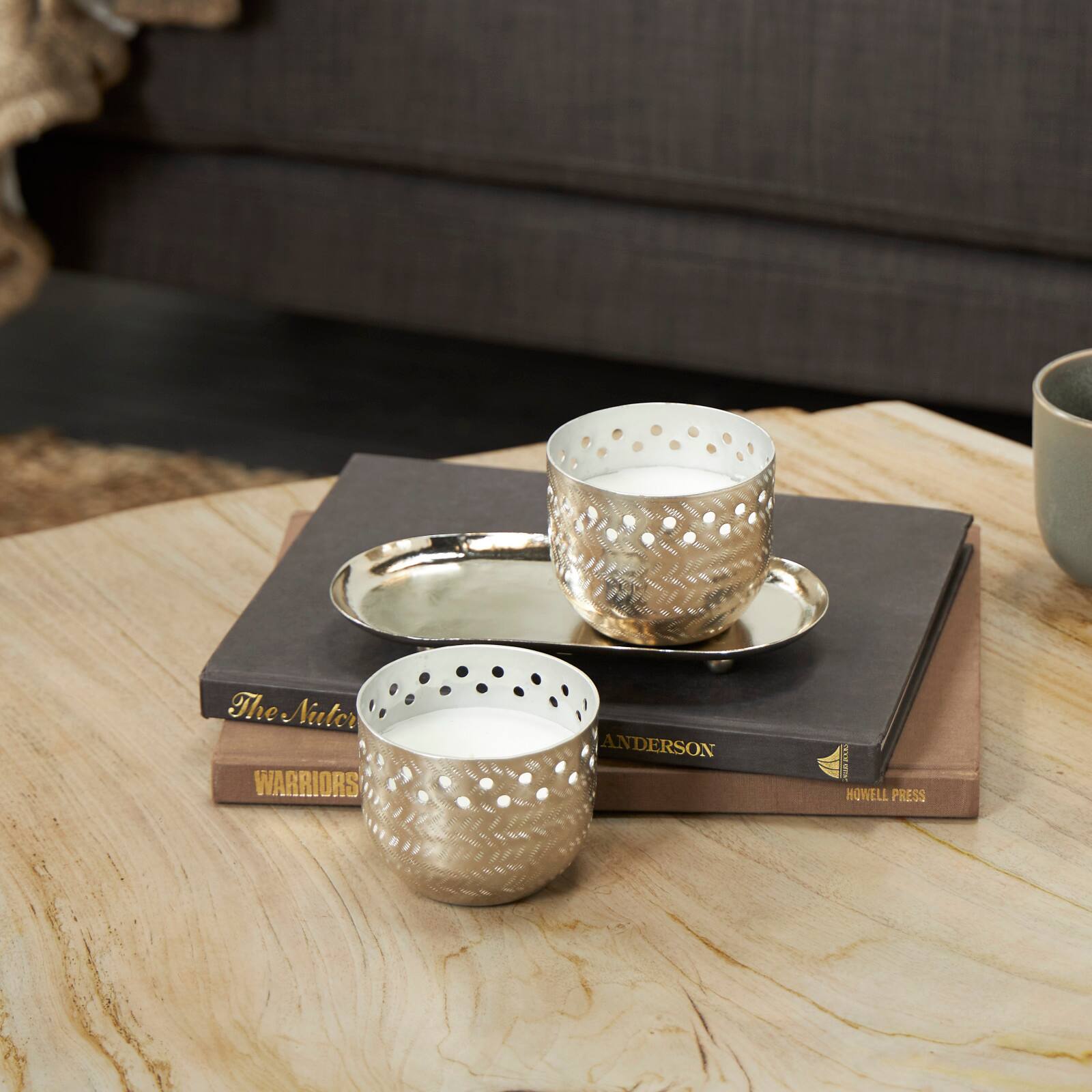 7oz. White Sage Scented Candles in Cut Out Silver Bowls and Tray