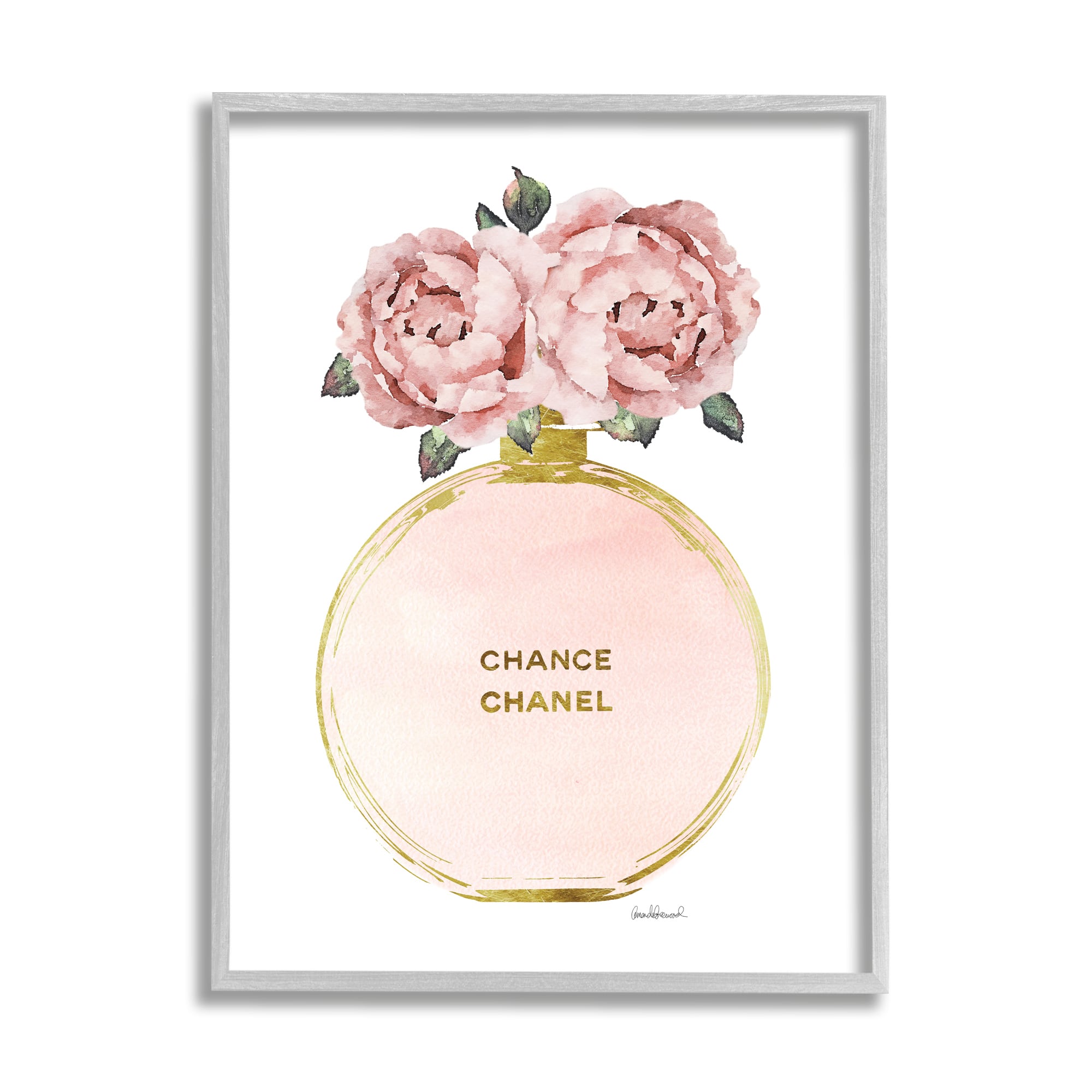 Stupell Industries Vintage Pink Florals in Round Fashion Fragrance Bottle in Gray Frame Wall Art