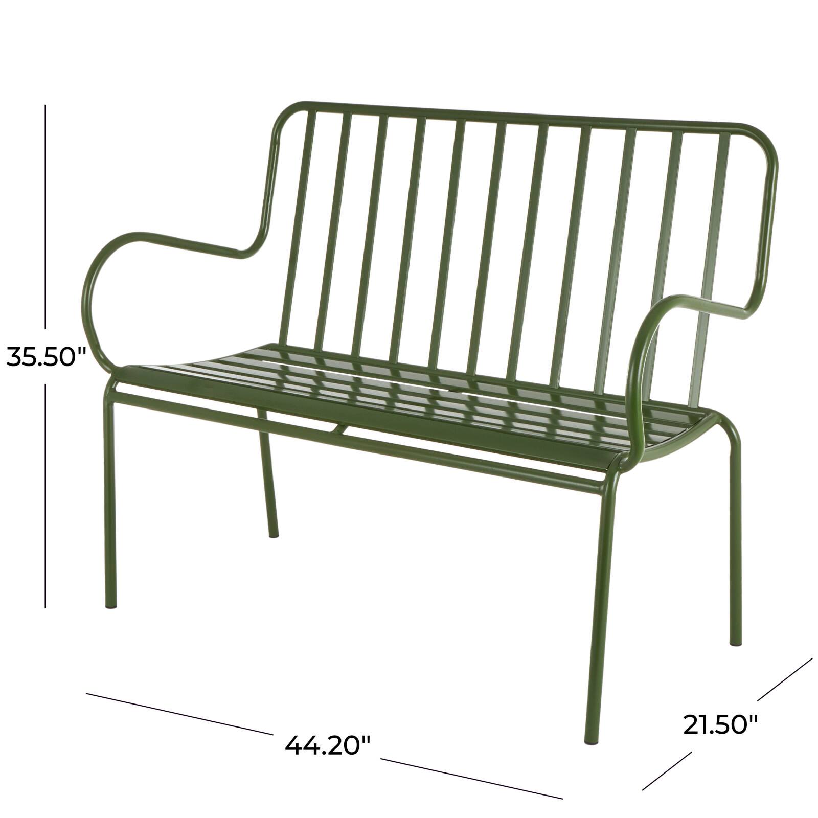 44.25" Green Metal Slatted Outdoor Bench with Curved Armrests