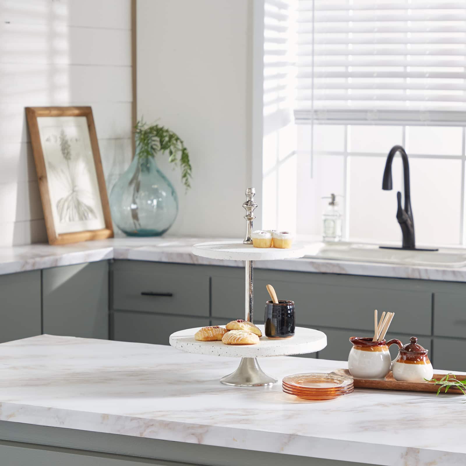 White Stoneware & Aluminum 2 Tier Tray Stand