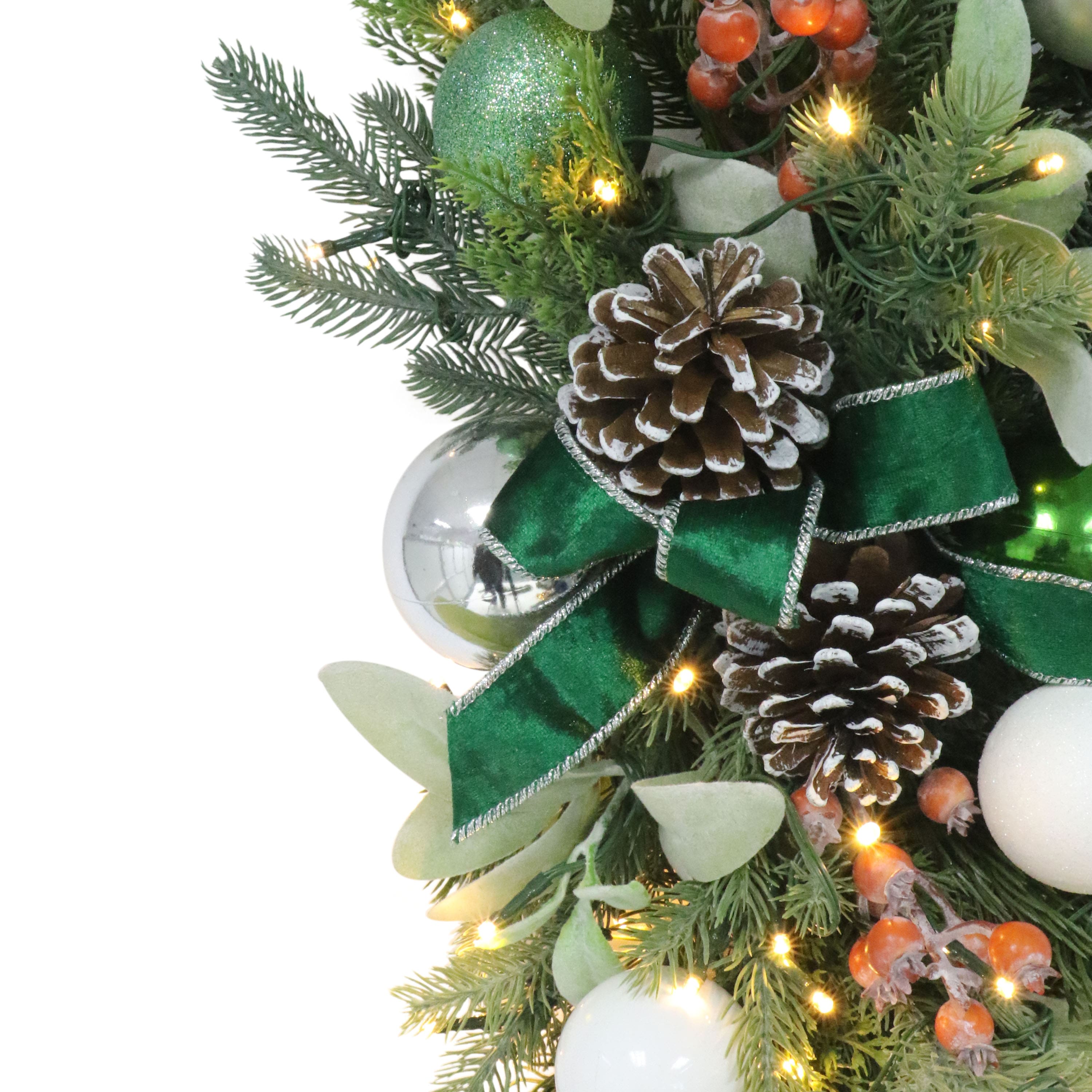 28" Pre-Lit Green & Silver Adorned Artificial Swag with Pinecones & Berries