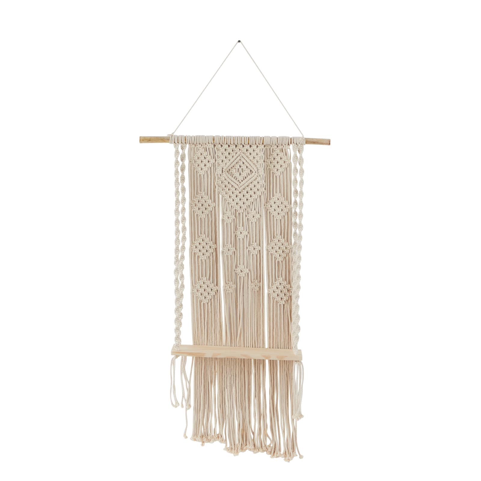 White Cotton Handmade Macrame 1 Shelf Wall Shelf 25" x 6" x 55"