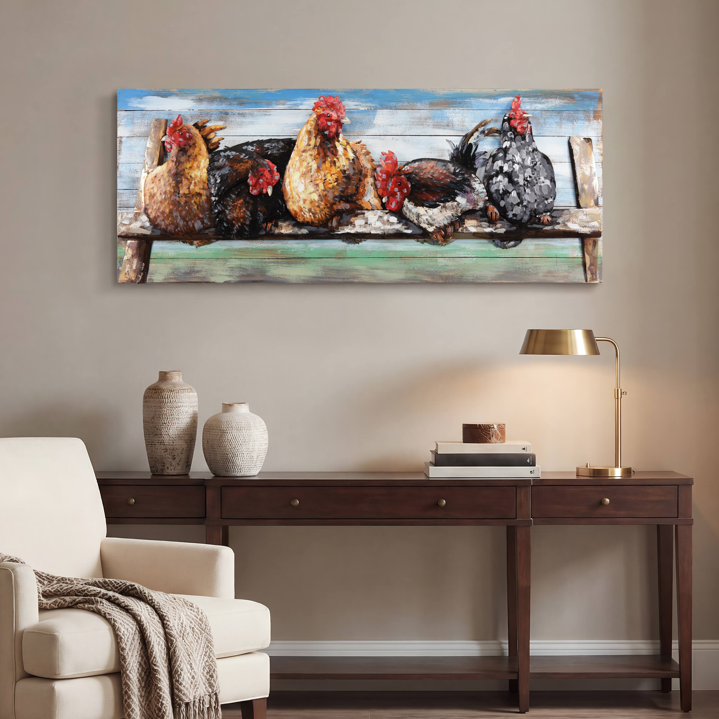 Empire Art Direct 24" x 60" Chickens Hand-painted Iron Wall Sculpture with Solid Wood Frame