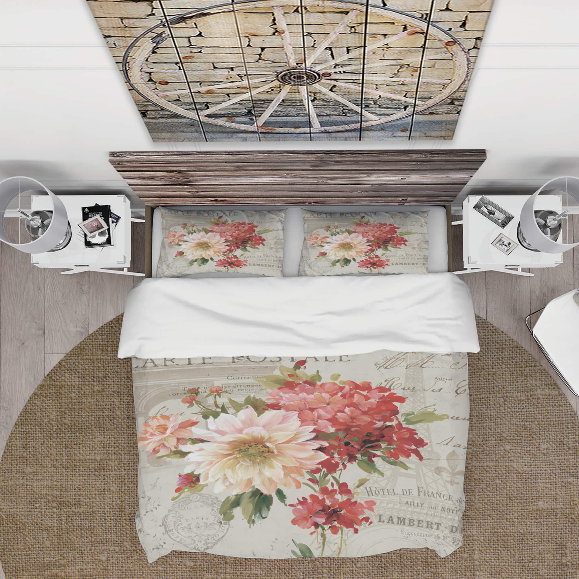 Designart 'Red Painted Flowers on Vintage Postcard III' Cottage Bedding Set - Duvet Cover & Shams