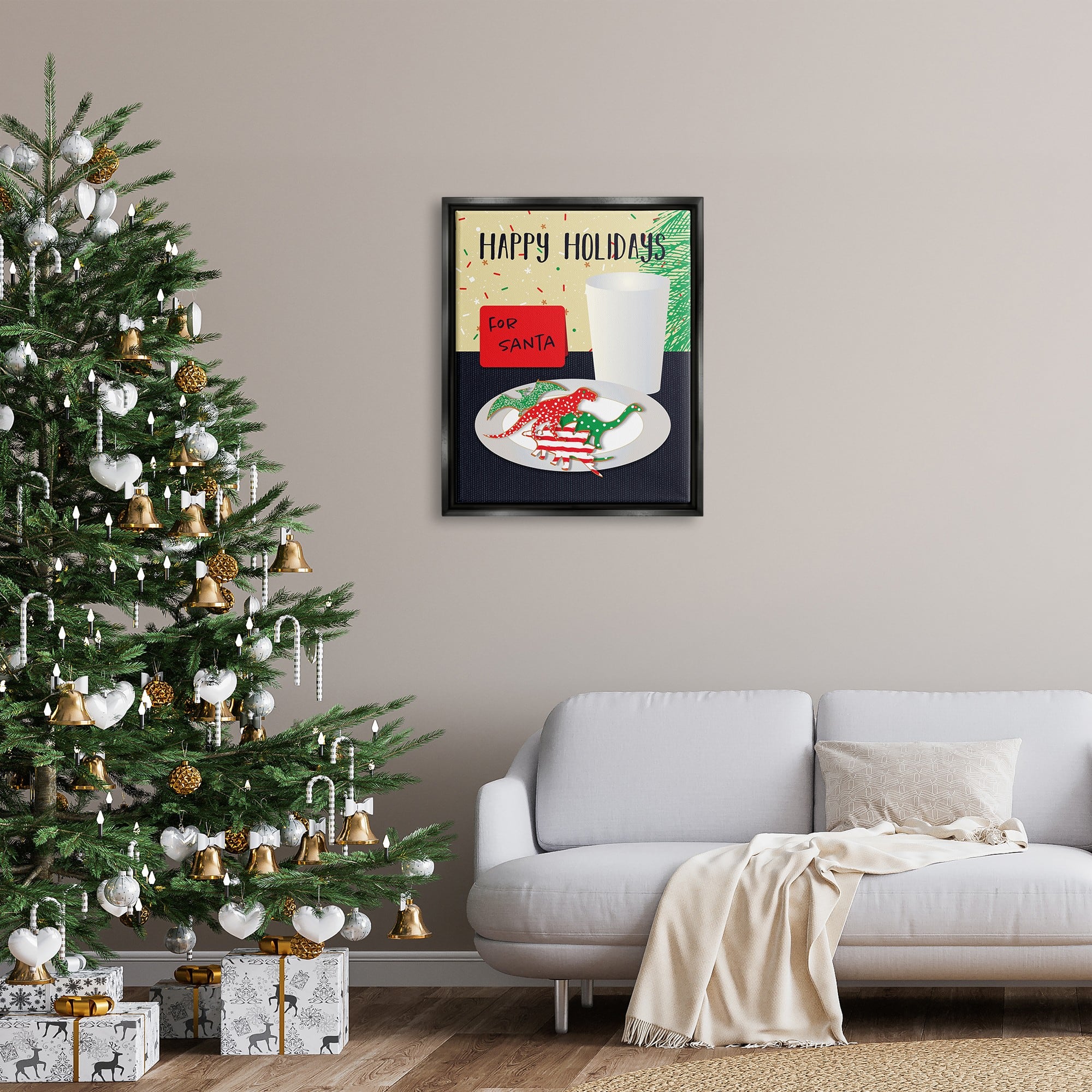 Stupell Industries Happy Holidays Dinosaur Santa Cookies Framed Floater Canvas Wall Art