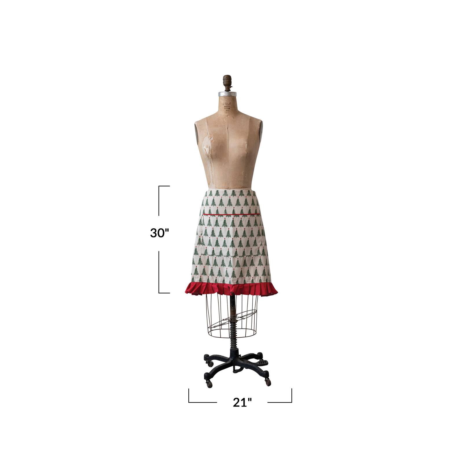 Hello Honey® Natural, Green & Red Cotton Printed Half Apron with Christmas Tree Pattern, Pocket & Ruffle
