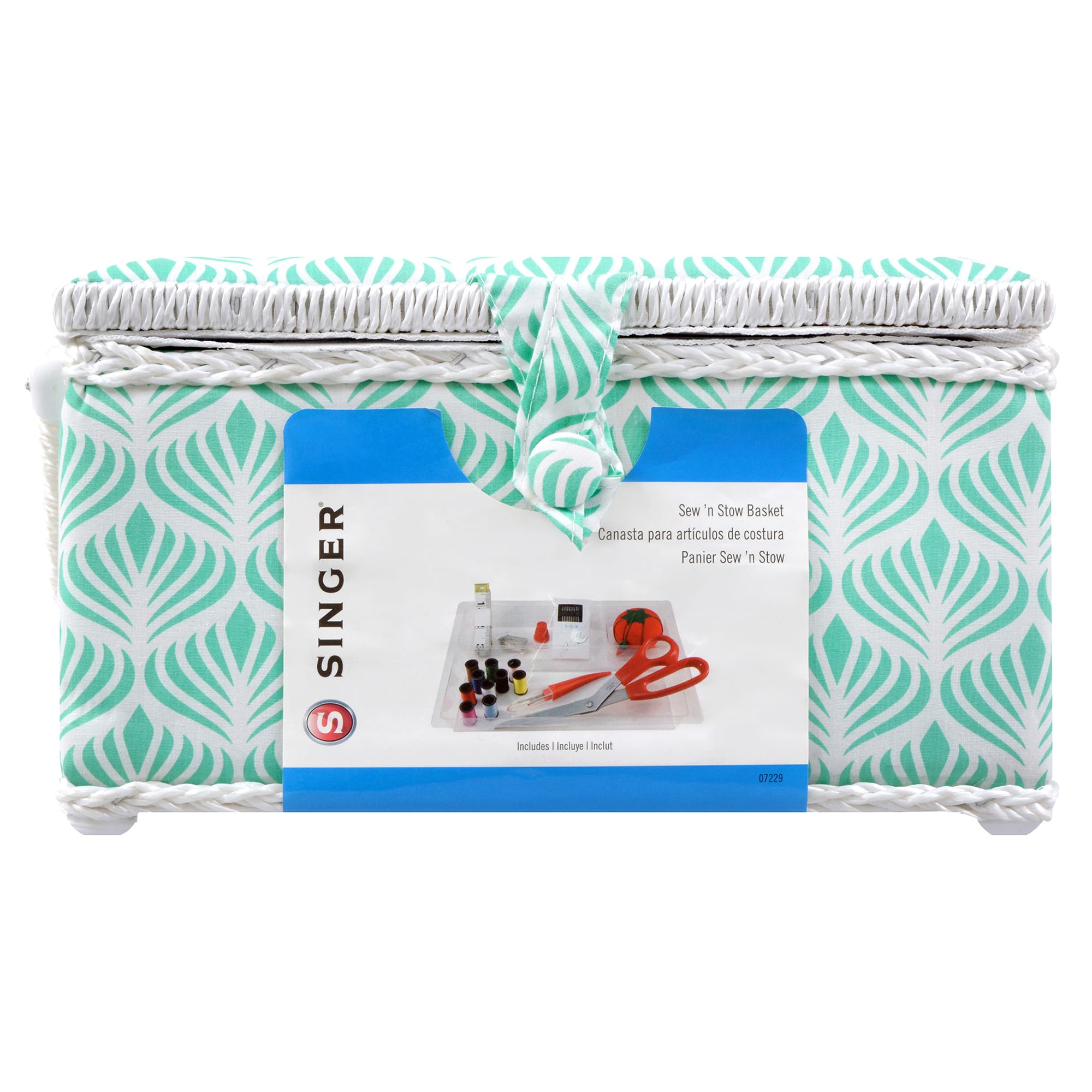SINGER® Large Blue Boho Fan Print Sewing Basket with Sewing Scissors & Notions