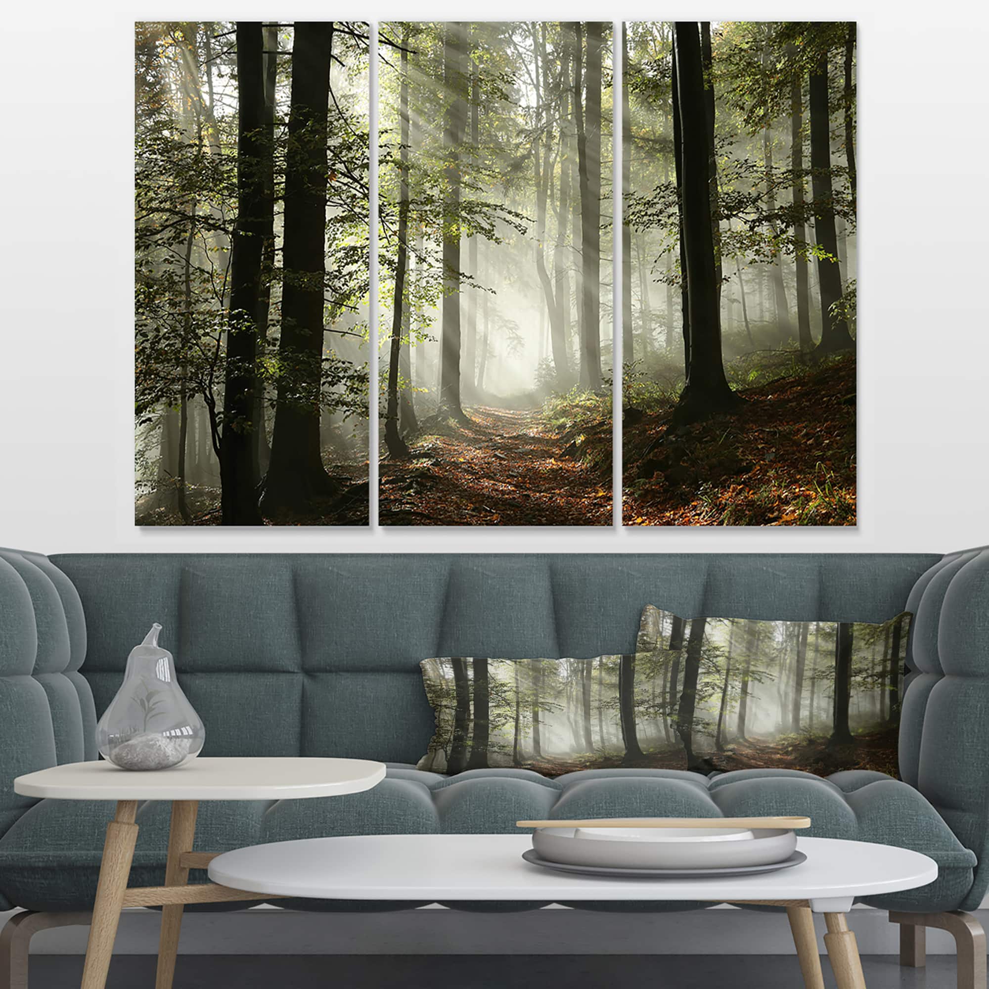 Designart - Light in Dense Fall Forest with Fog - Landscape Art Print Canvas