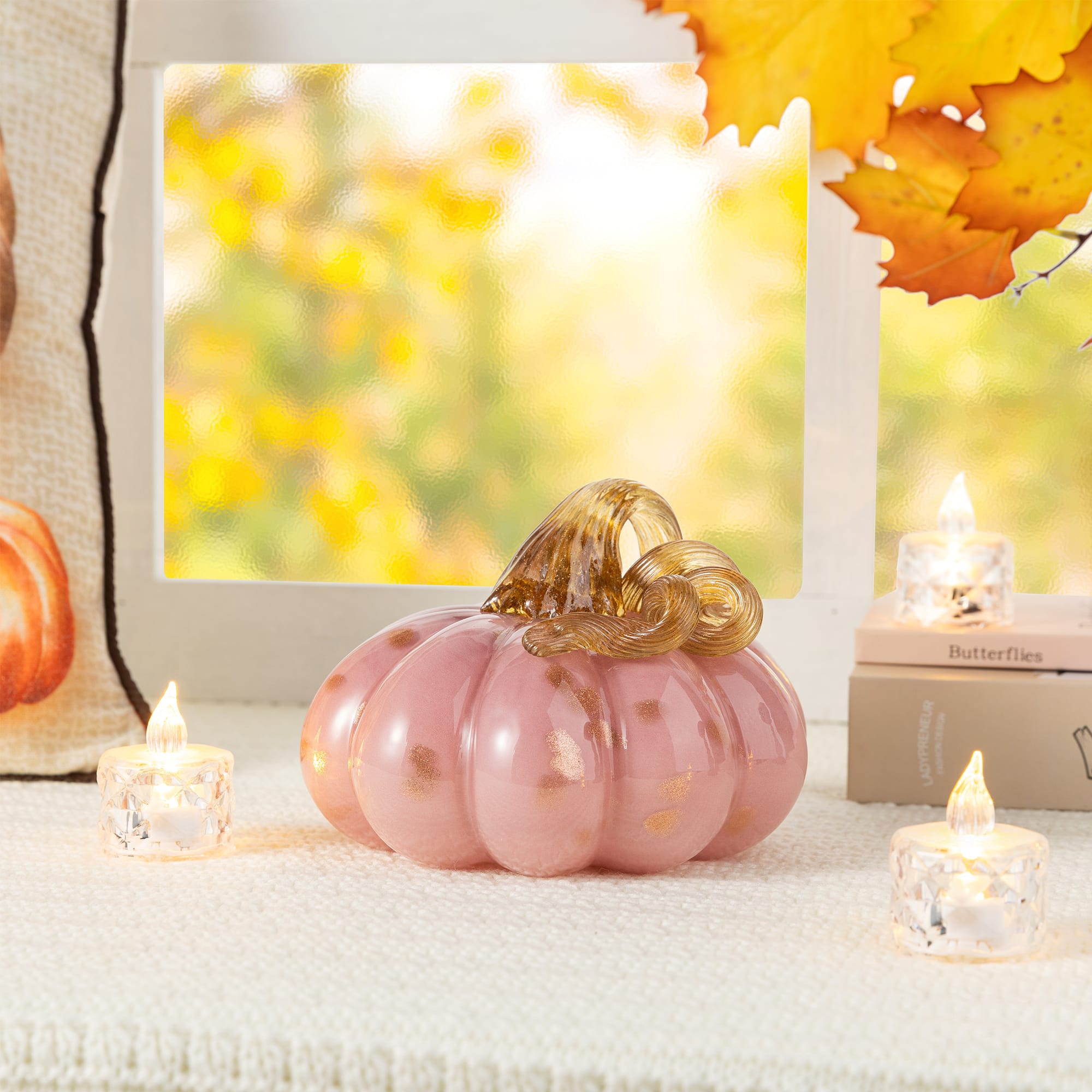 Glitzhome® 5.75" Pink Glass Pumpkin Fall Table Decor