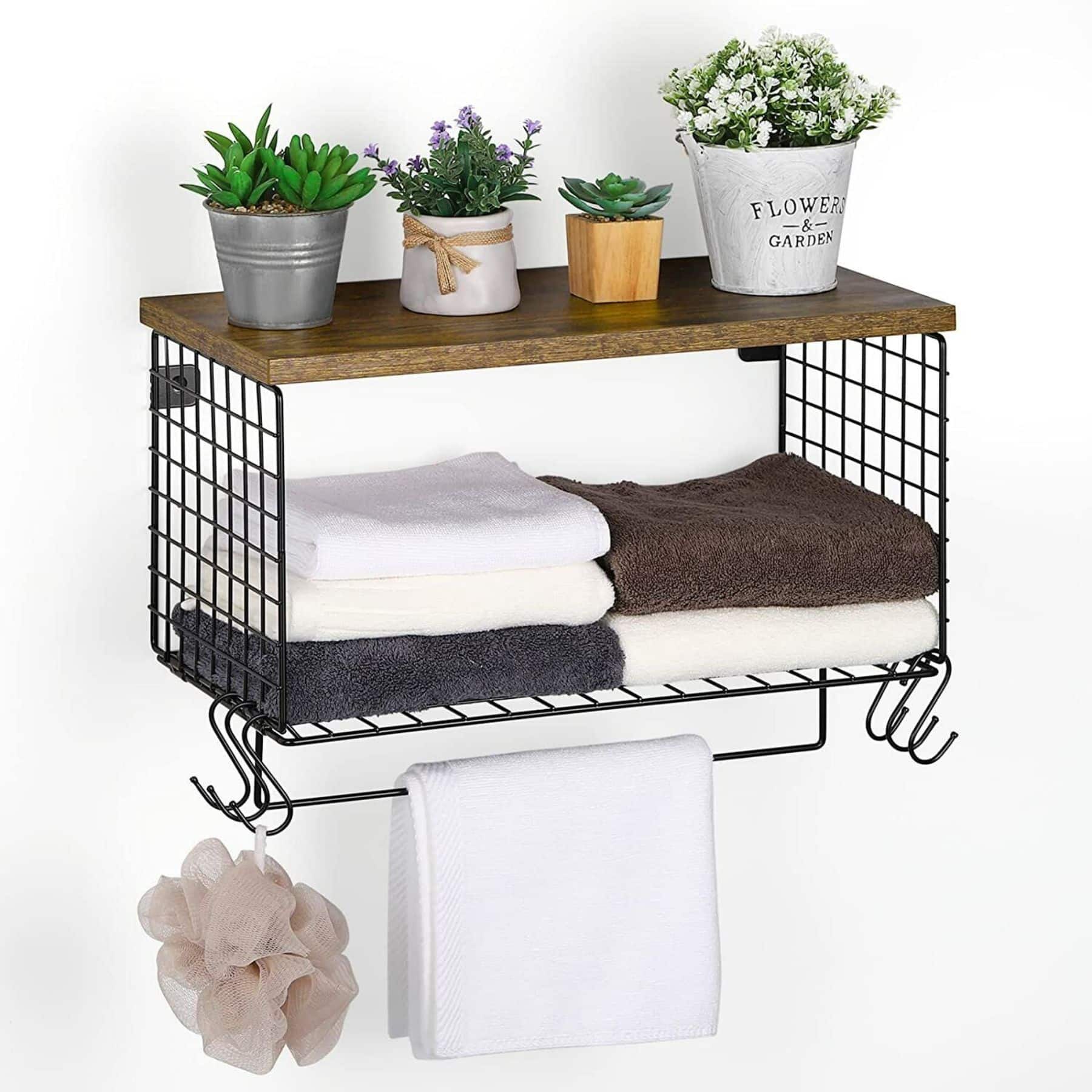 Wood & Metal Wall Mounted Bathroom Towel Rack with 6 Hooks