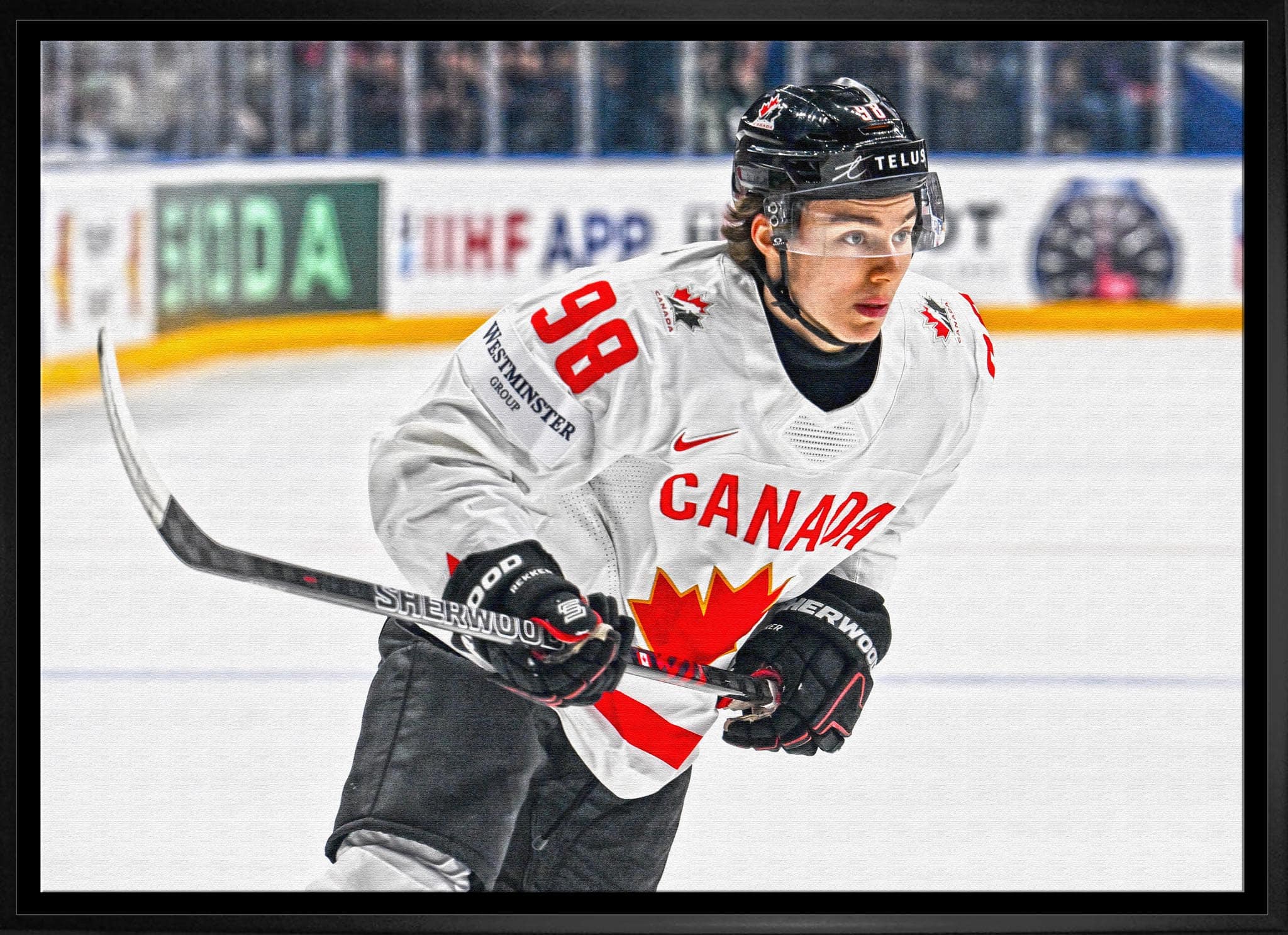 Connor Bedard 20" x 29" Framed Canvas Canada White Action-H 31.5" x 22.5"