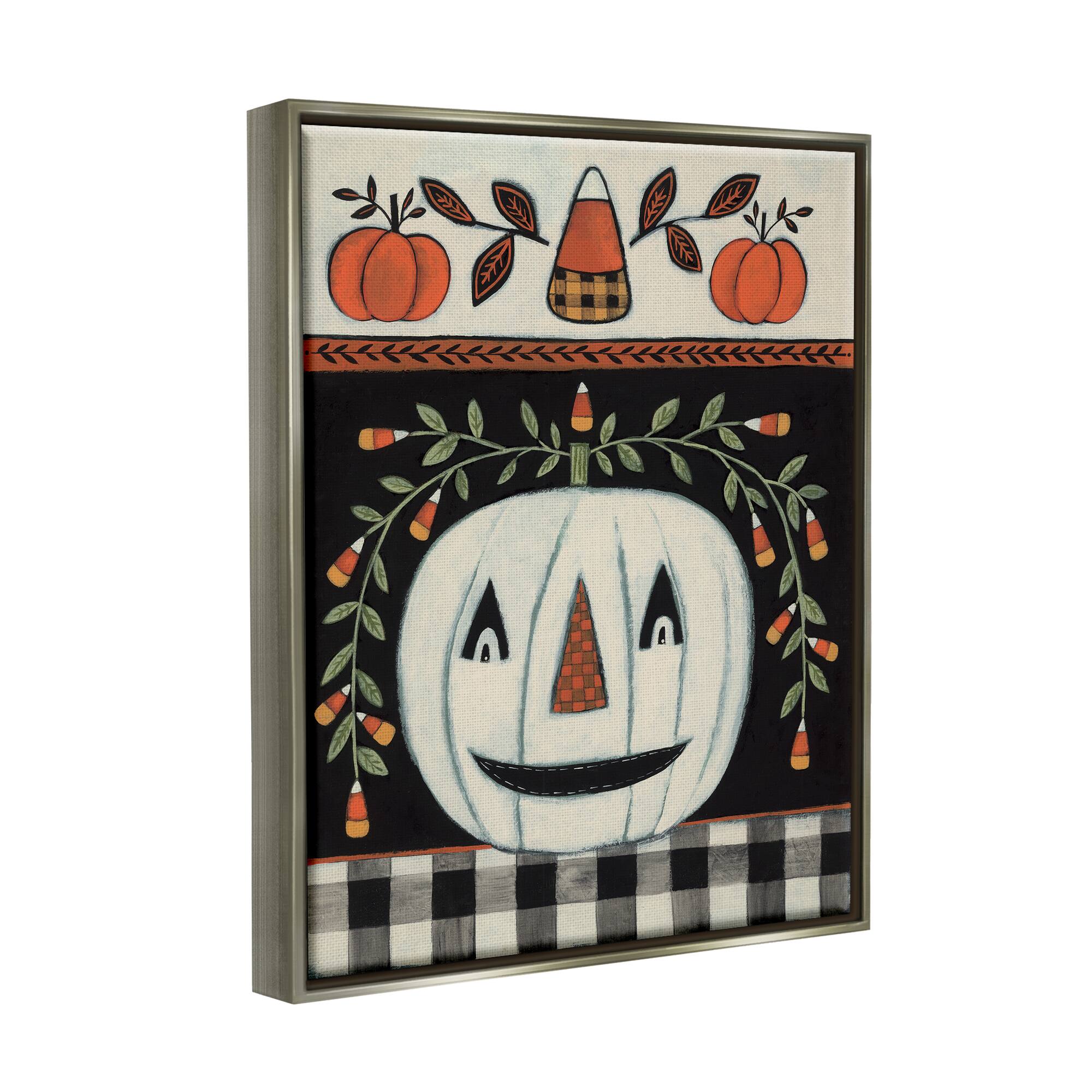 Stupell Industries Fall Jack-o-Lantern Tartan Pattern Framed Floater Canvas Wall Art