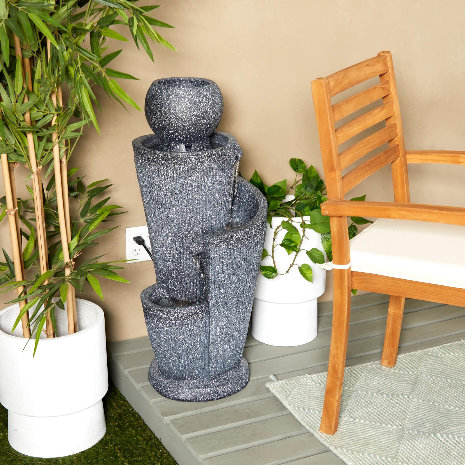 35" Dark Gray Fiberglass 3-Tier Fountain with LED Light