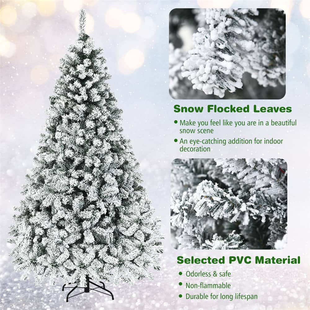 Costway 7.5ft. Pre-Lit Snow-Flocked Artificial Christmas Tree, Warm White LED Lights