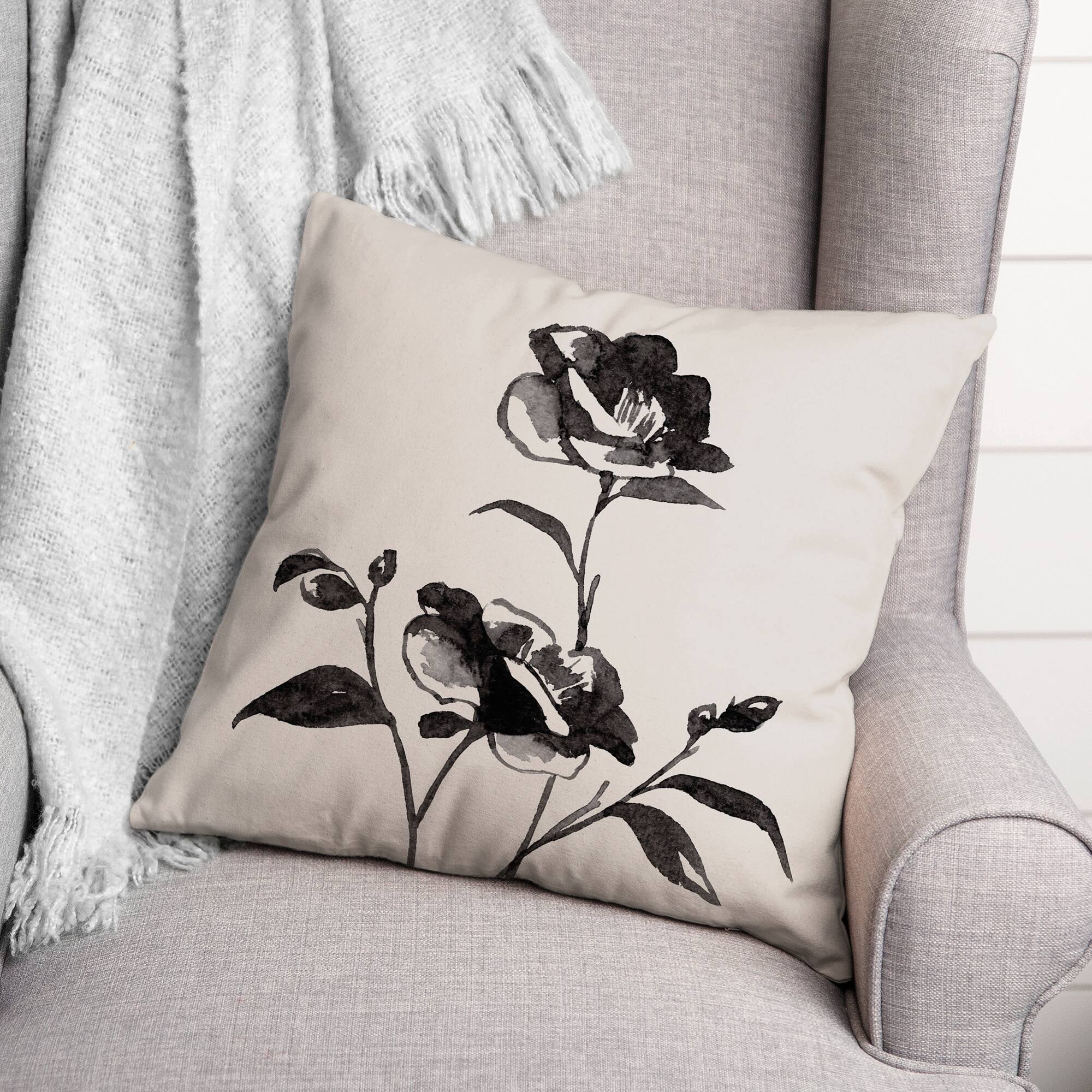 Inky Budded Rose II 18" x 18" Throw Pillow