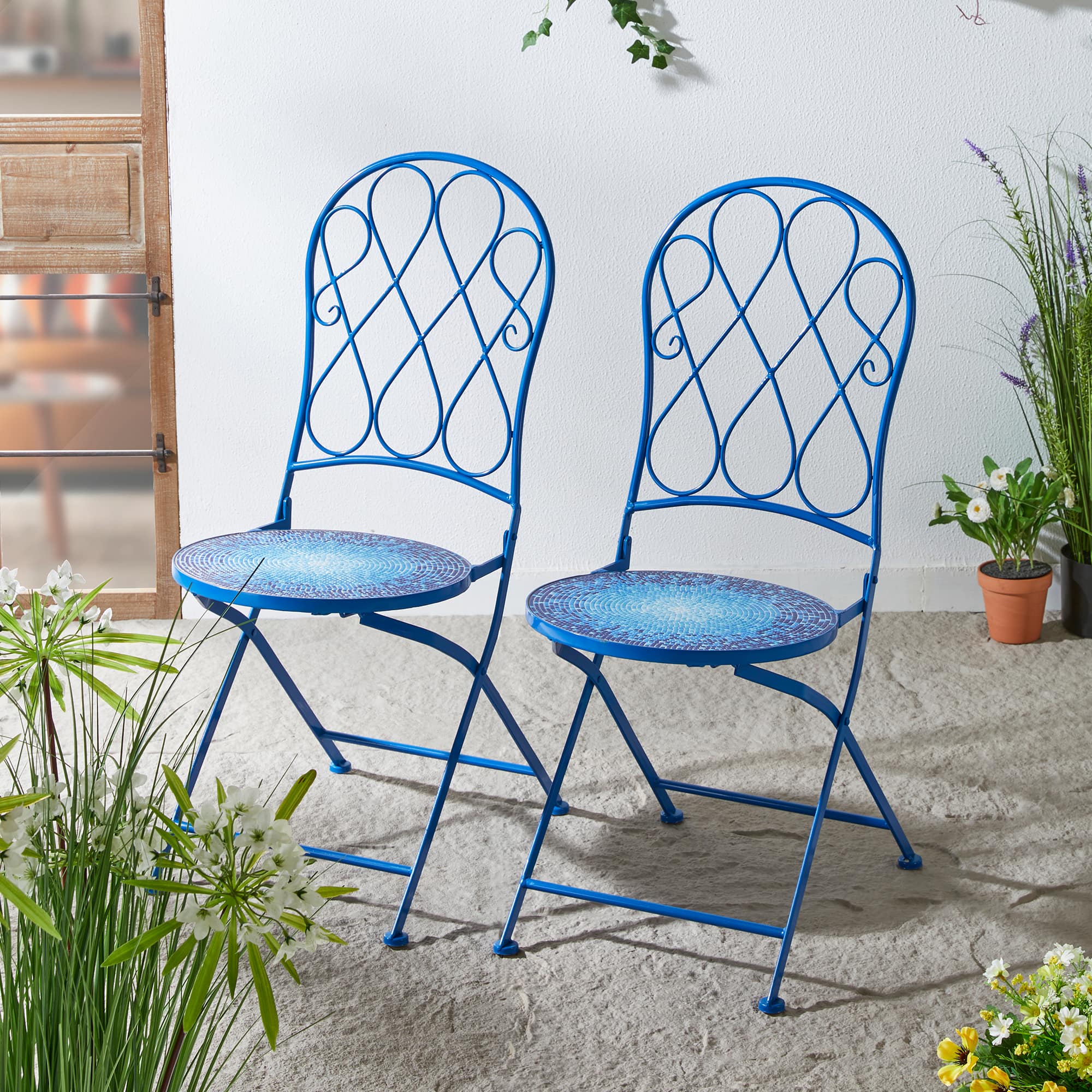 Glitzhome® 36.5" Blue Outdoor Metal Folding Bistro Chairs with Ceramic Tiles Seat, 2ct.