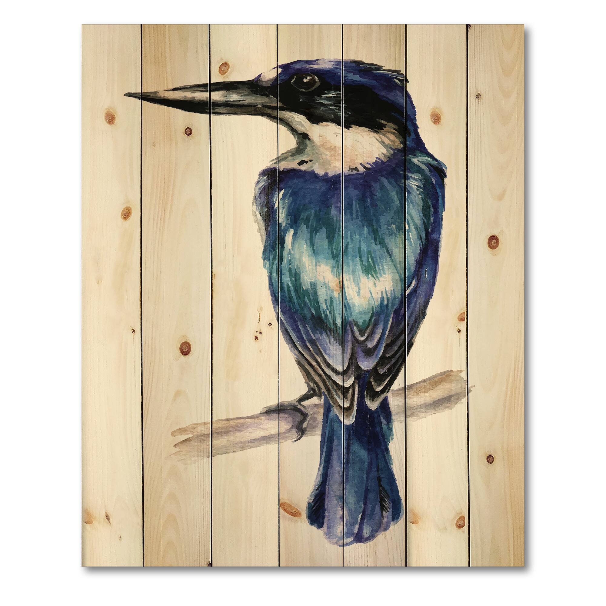 Designart - Style Kingfisher Bird - Traditional Print on Natural Pine Wood