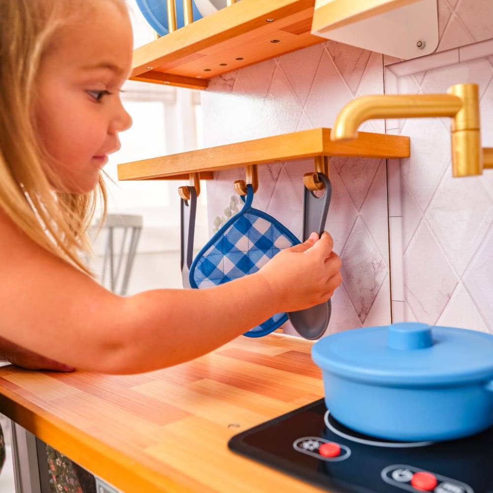 KidKraft Simply Stylish Wooden Play Kitchen Set with Lights, Choppable Food & Accessories