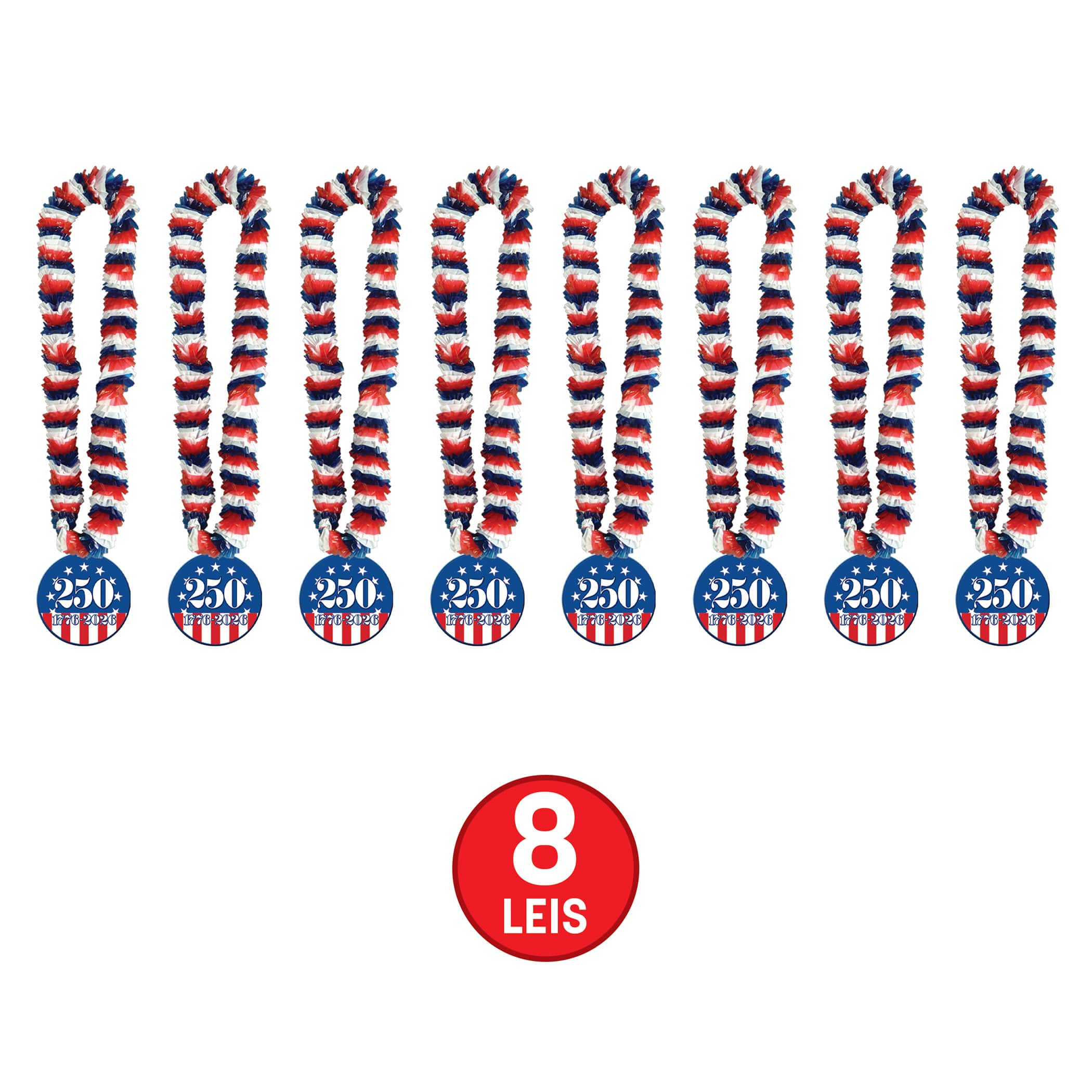 Beistle 36" Red, White & Blue Soft-Twist Poly Leis with Semiquincentennial Medallions, 8ct.