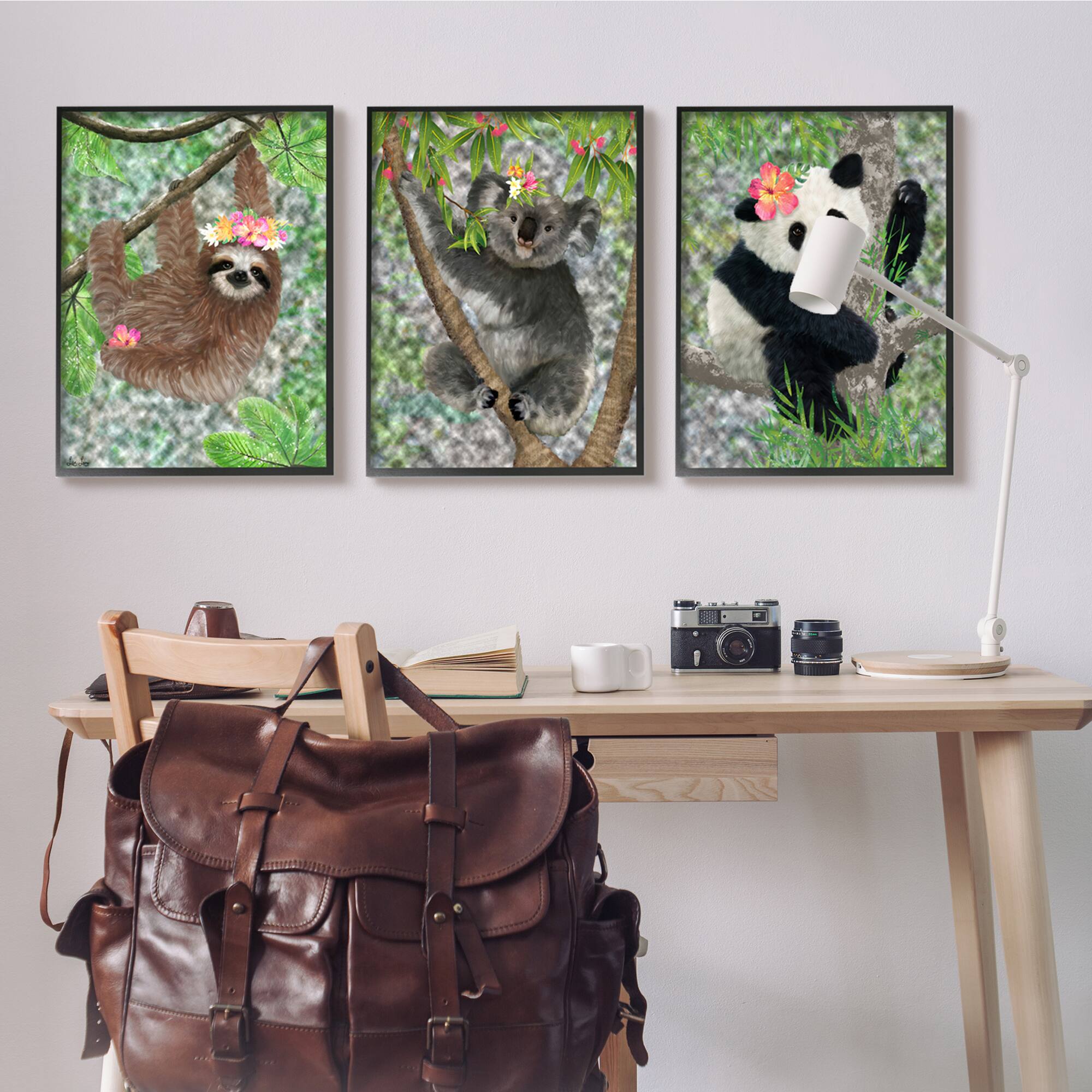 Stupell Industries Tropical Hibiscus Flower Jungle Animals Koala Panda Sloth Framed Wall Art