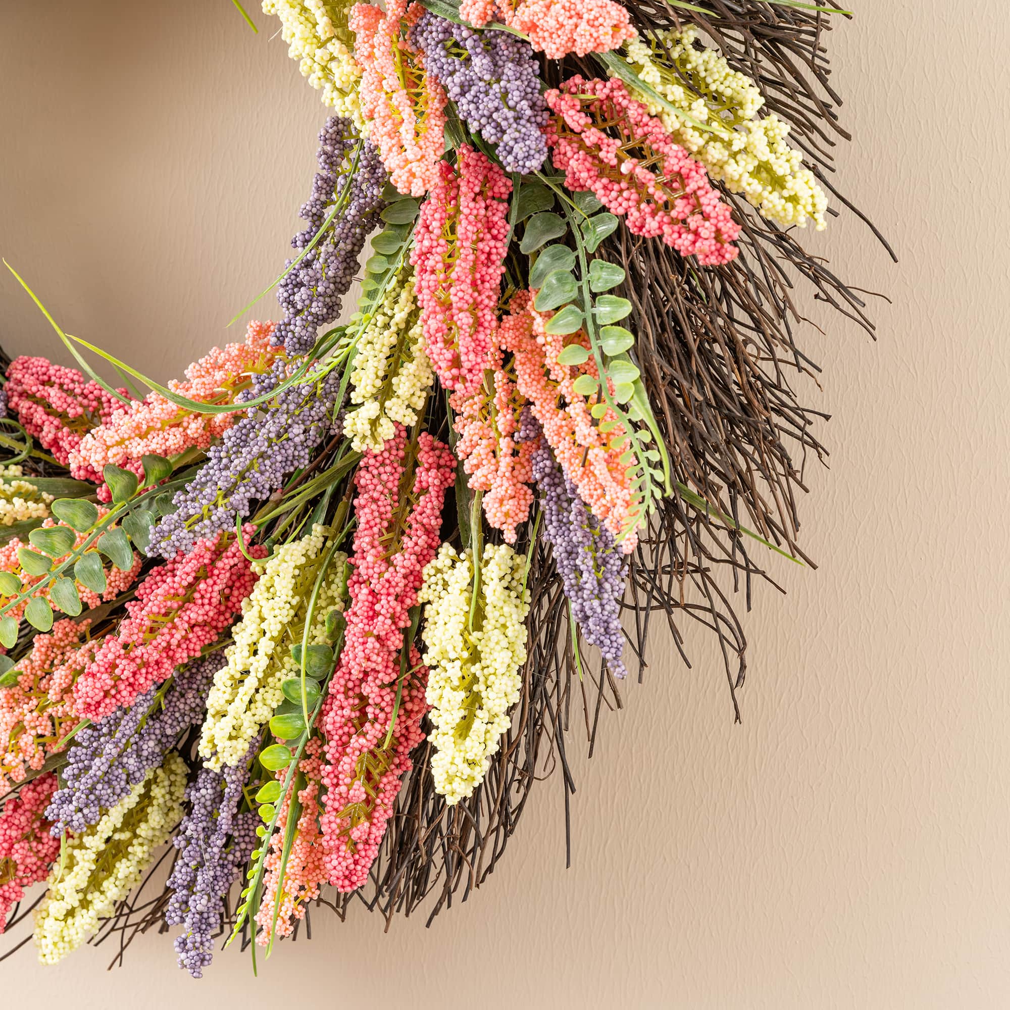 Glitzhome® 24" Pink, Purple & Yellow Heather Wreath with Black Metal Hanger