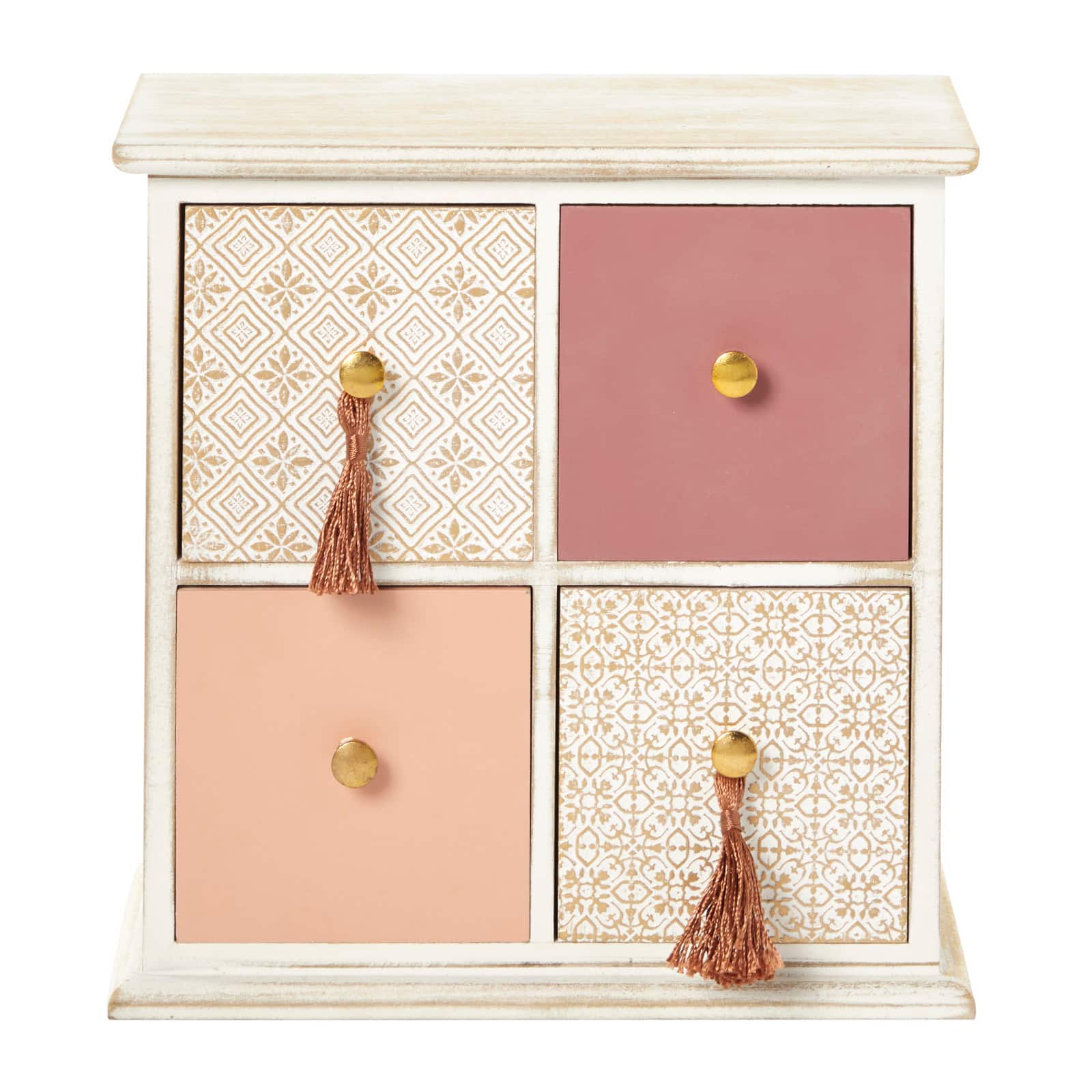 Light Brown Linen & Wood Eclectic 4-Drawer Jewelry Box